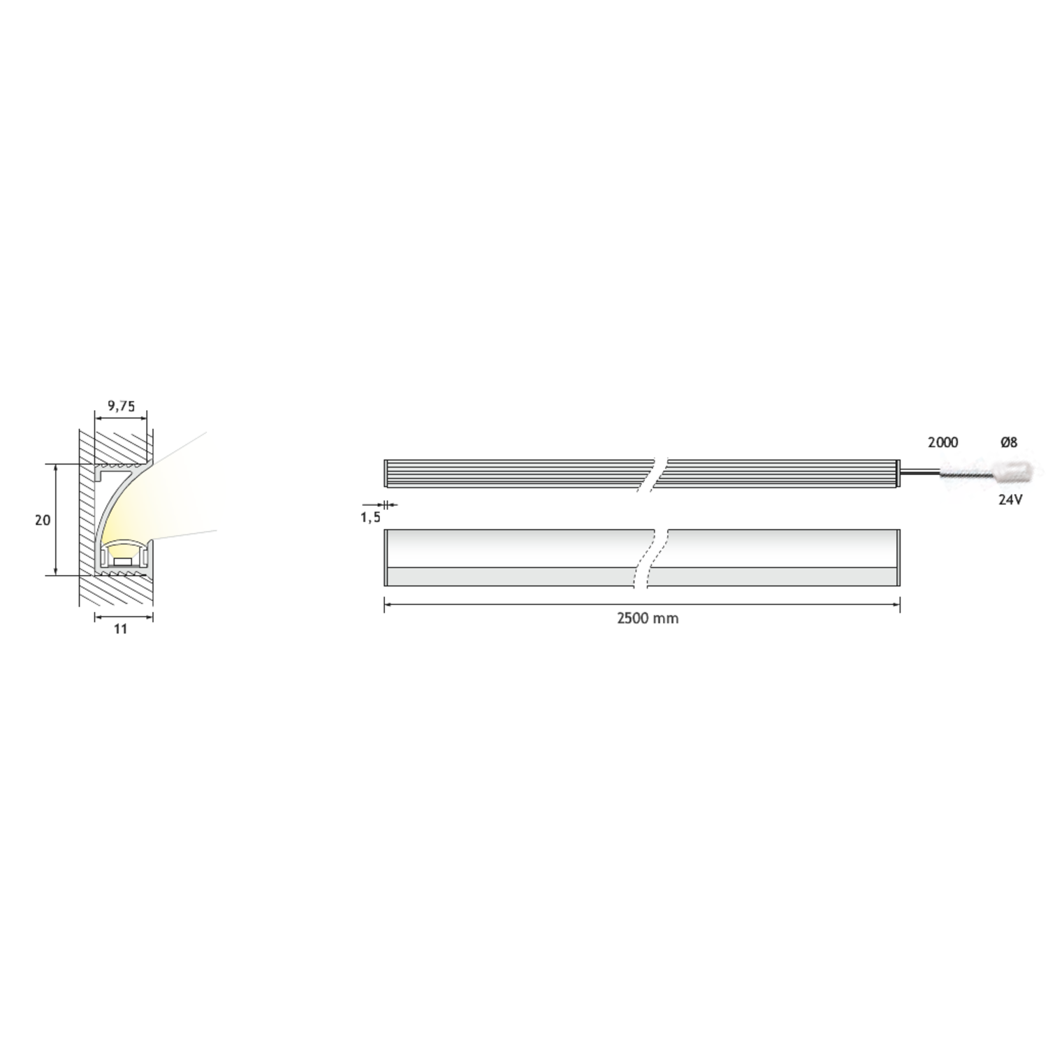 ODO 3.0 2500mm 19.84W 3000K lood-kleur