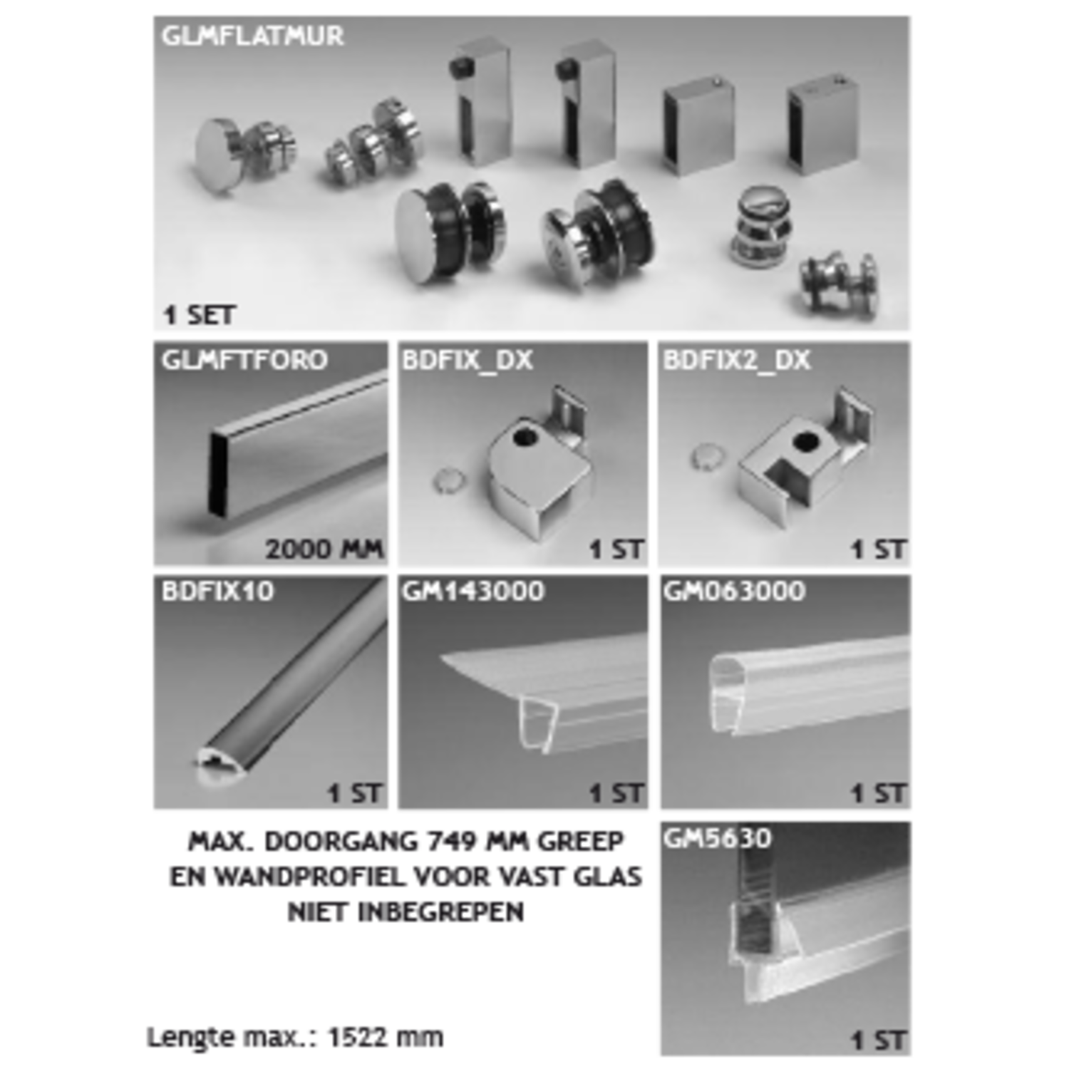 Toebehoren douche met schuifdeur wand/wand voor gekit vast glaspaneel, naar rechts, voor 8 mm glas, geborsteld rvs