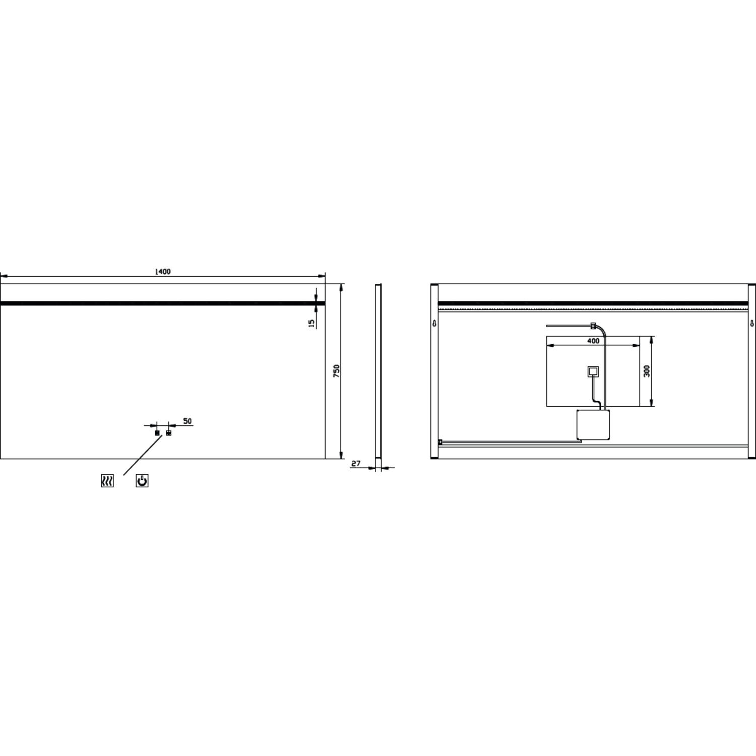 Spiegel 1400x750 led boven+kelvinch.+verwarming