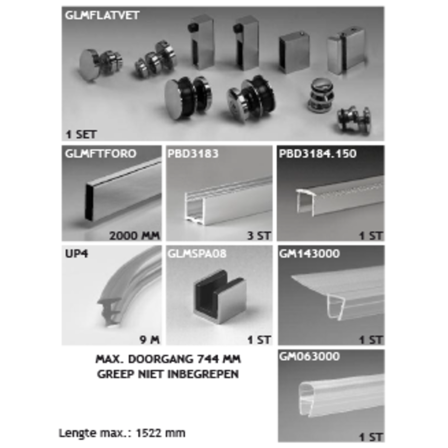 Toebehoren douche met schuifdeur wand/glas met frameprofiel voor vaste glaspanelen, voor 8 mm glas, geborsteld rvs