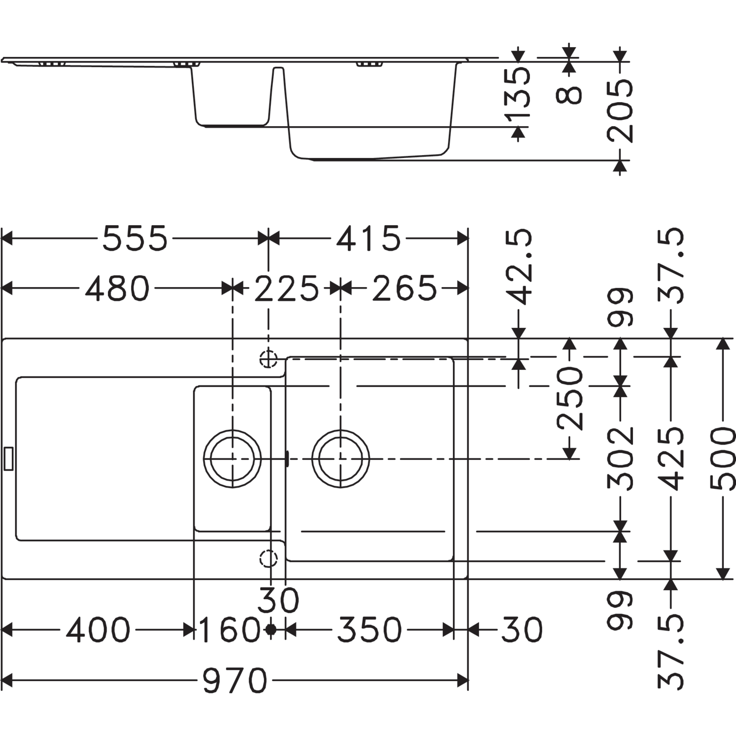 Maris - Inbouwspoeltafel / 970 x 500 mm / 1+1/2 bak / Metaal wit / Omkeerbaar
