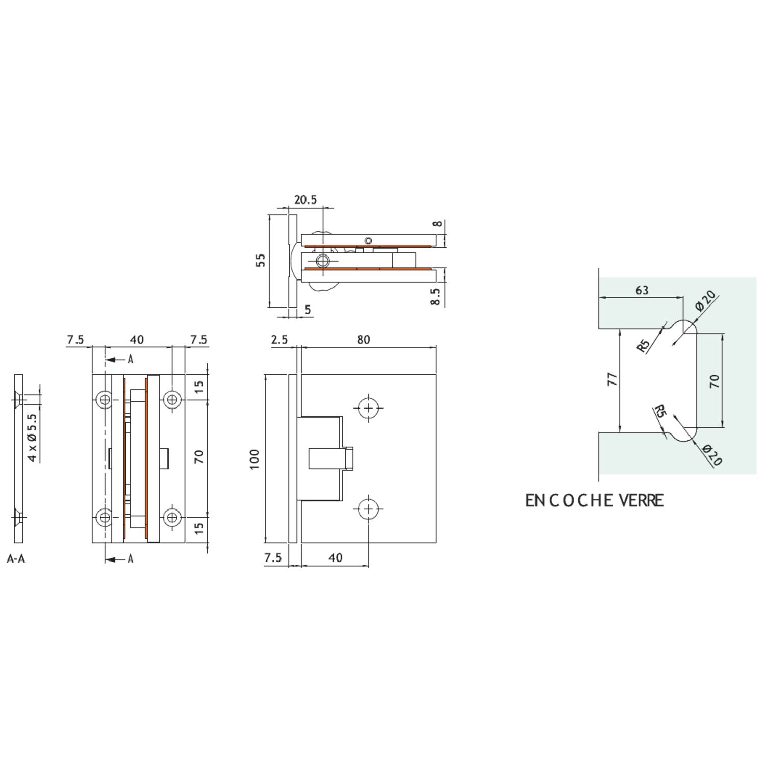 Scharnier wand/glas met geveerde terugslag draagvermogen 50 kg, voor 10/13.5 mm glas, B80 H100, geborsteld rvs effect