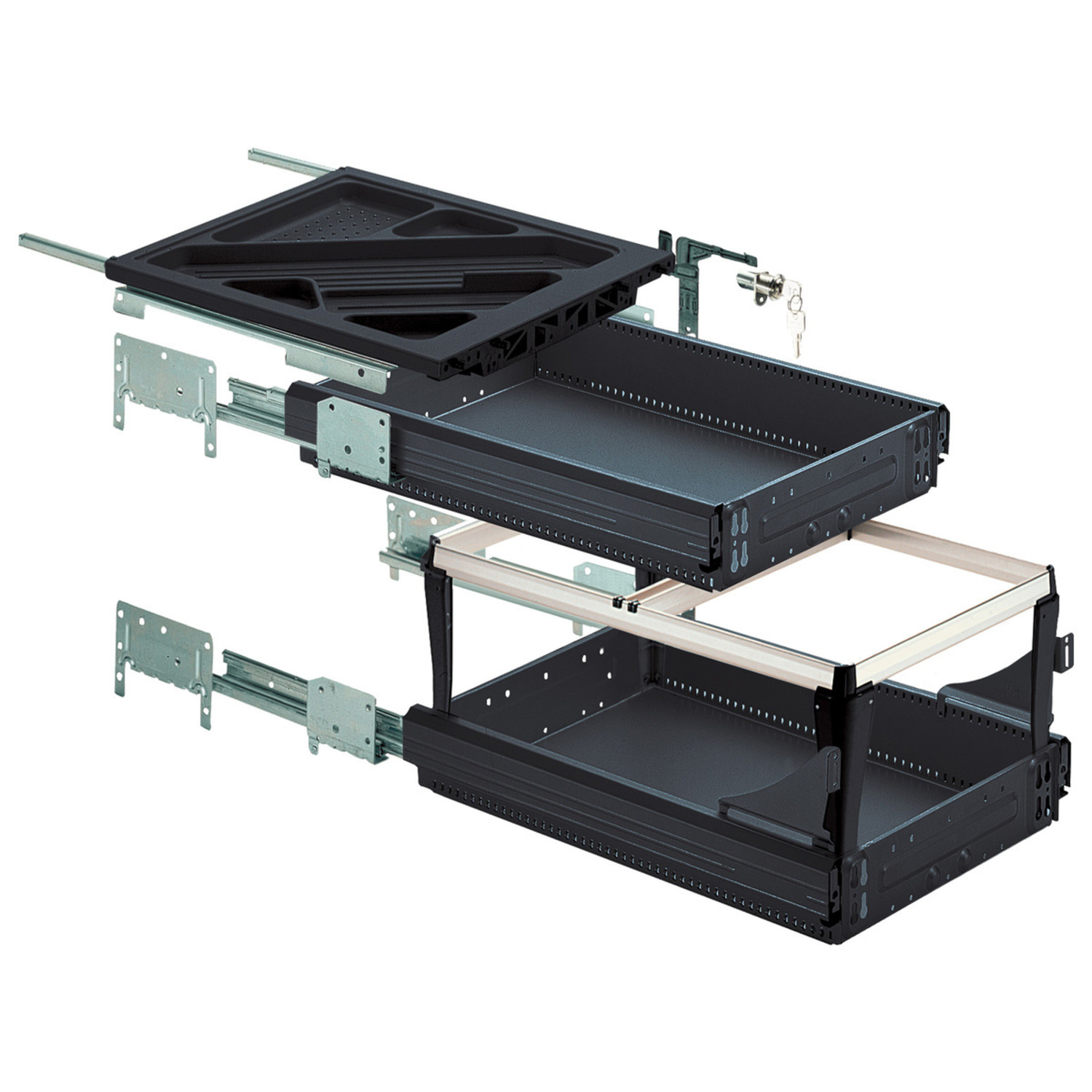 Containerset met (meer dan) volledig uittrekbare ladegeleiders, Inbouwdiepte (min.) 530 mm, zwart