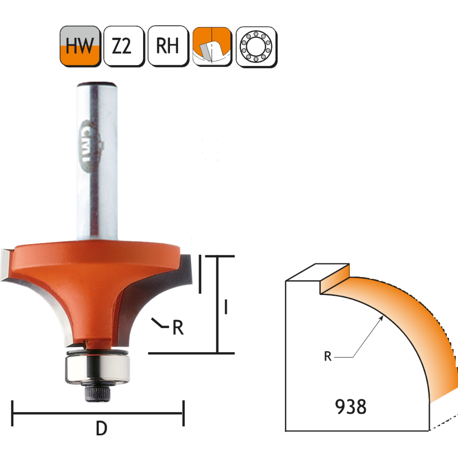 Holle radiusfrees zonder opstaande kant r=9,5 d=31,7 i=14