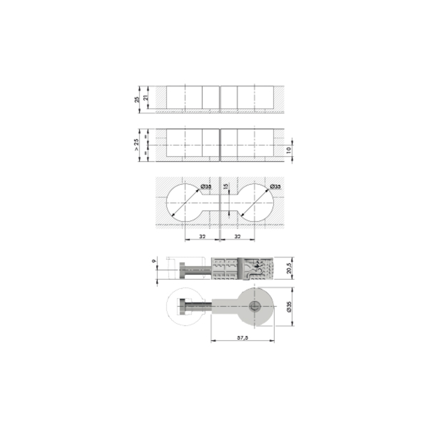 Tablet verbinder quick boring dia 35mm M8 x 64mm