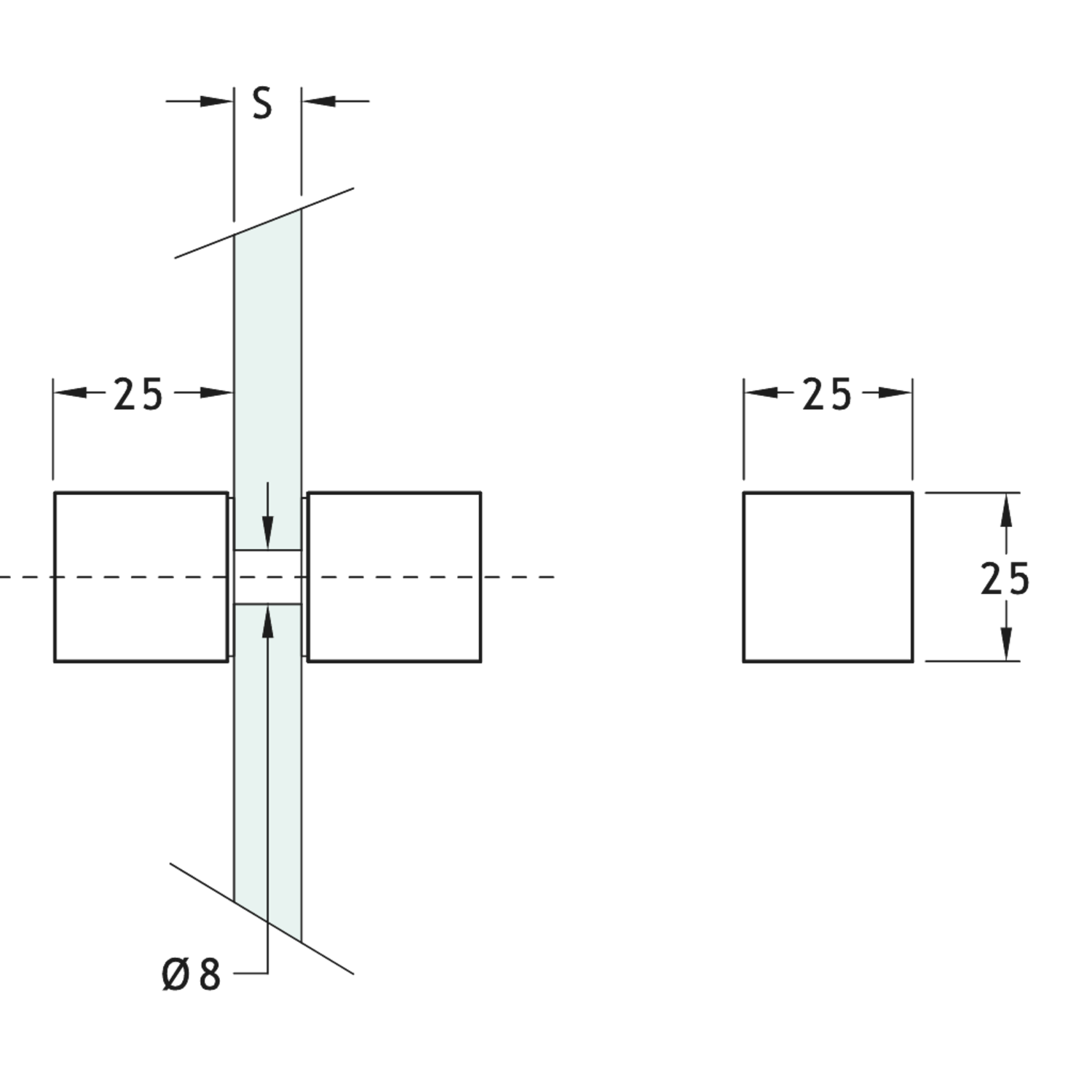 Paar deurknoppen, voor 8/15 mm glas, B25 H25 L25, chroom