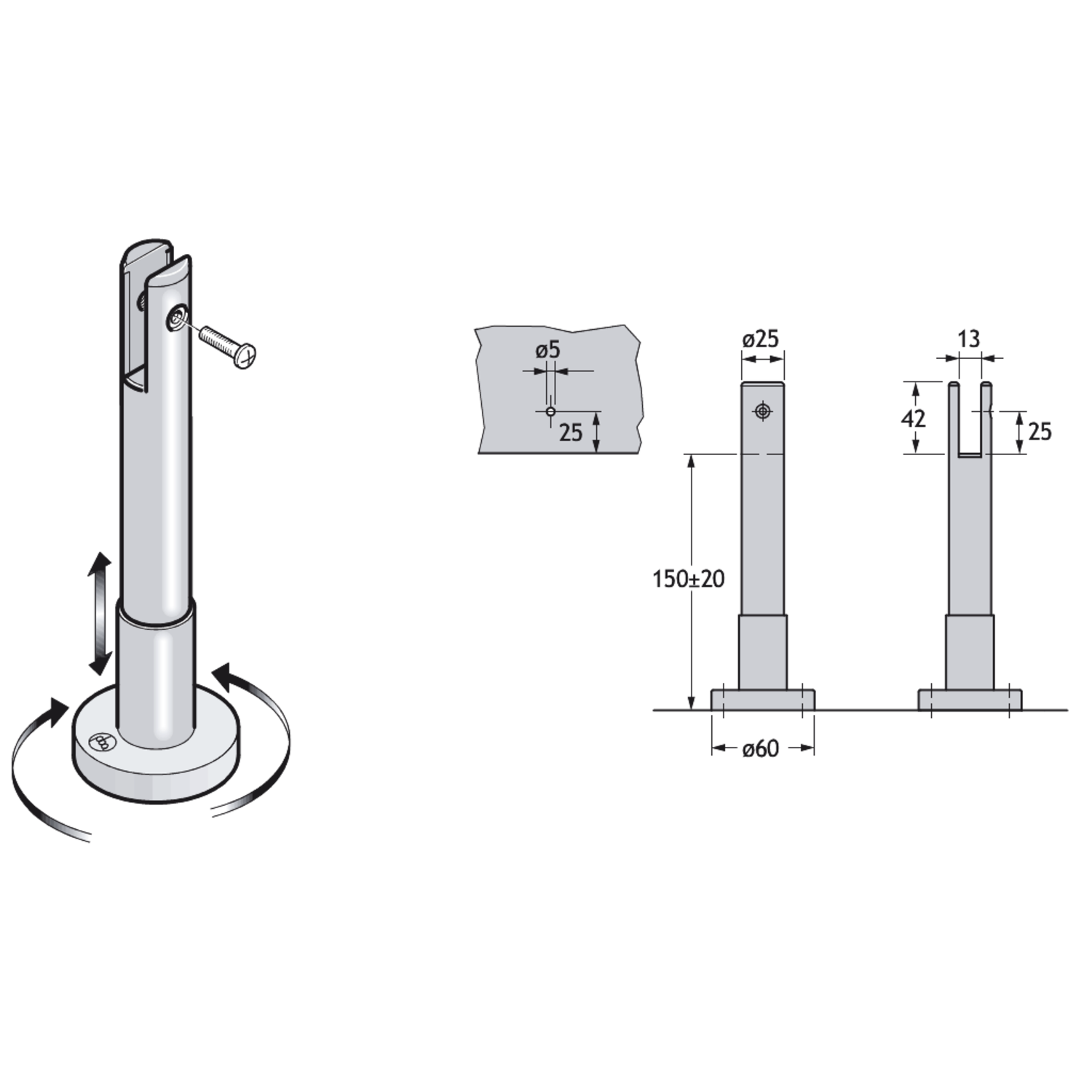 Pba 500-rvs sat. regelbare voet 130-170mm glas 13m m