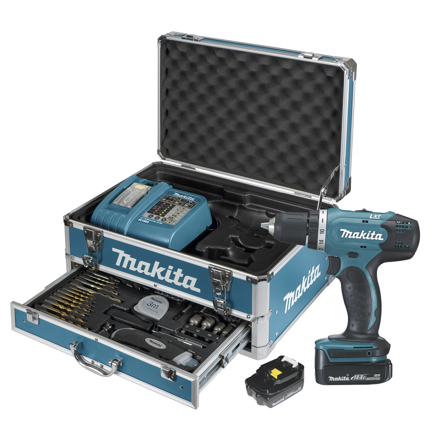 Makita combi-set 14.4v  boor- en schroefmachine + 2 batterijen + lader + 59 toebehoren