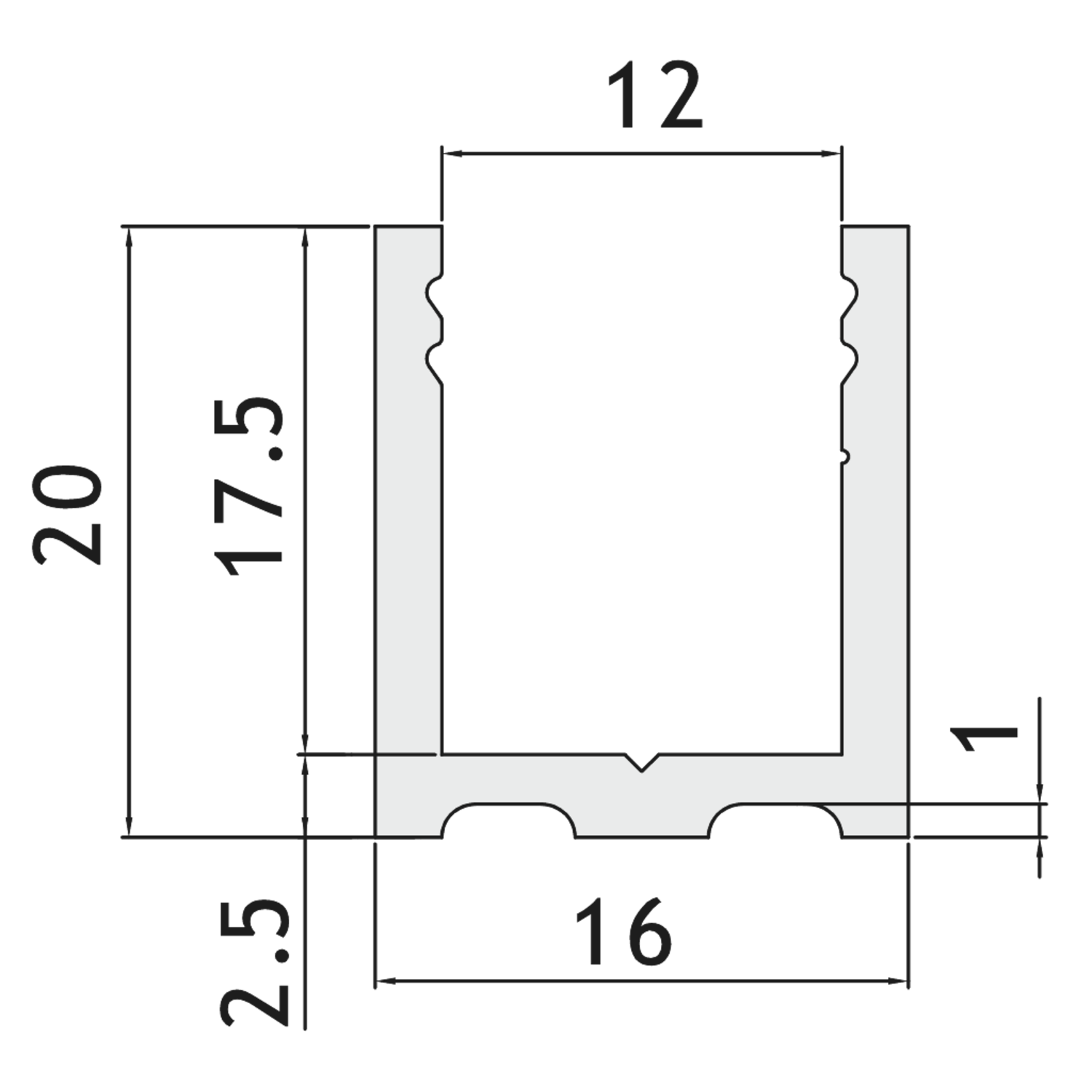 U-profiel, B16 H20 L1498, mat aluminium