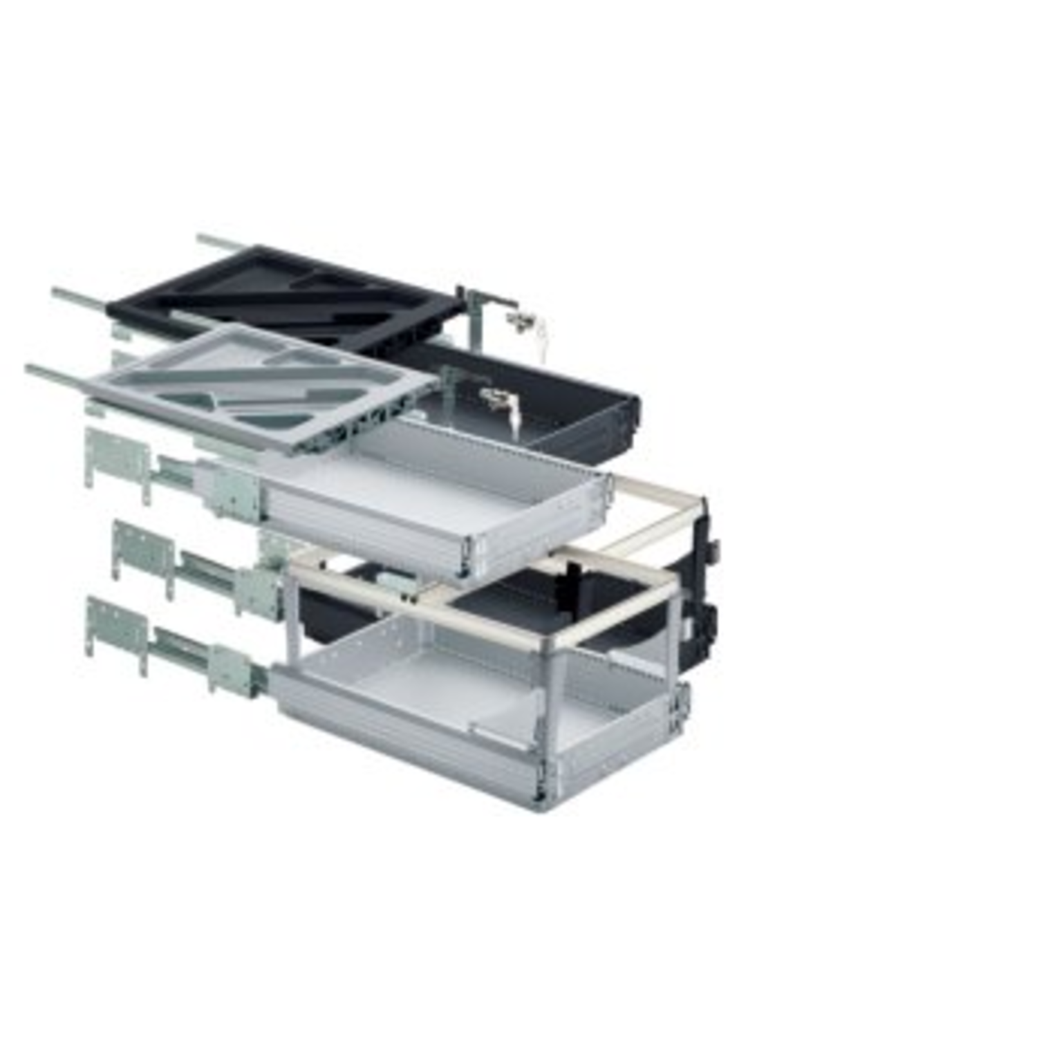 Containerset met (meer dan) volledig uittrekbare ladegeleiders, Inbouwdiepte (min.) 530 mm, Aluminiumkleurig