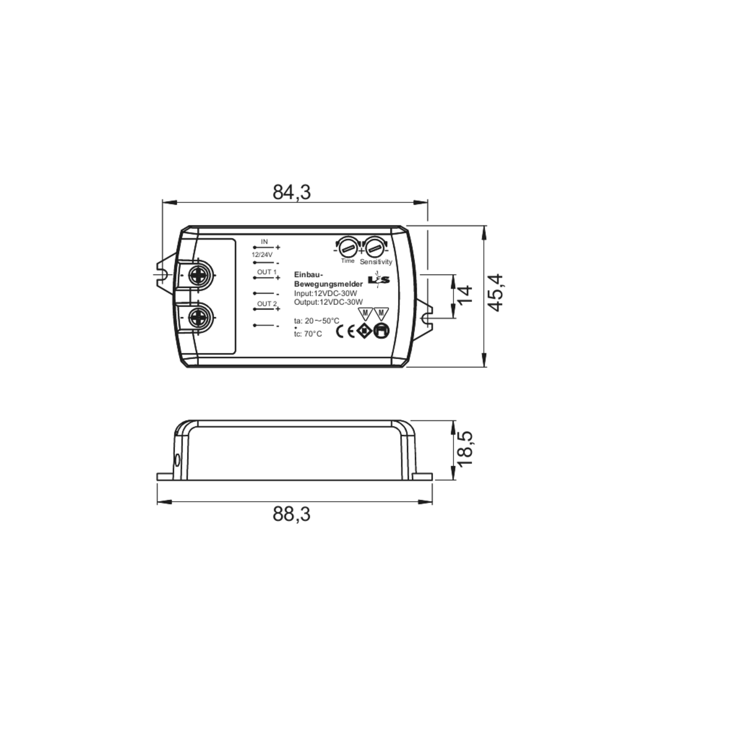 Led bewegingssensor microwave 12v max 36w