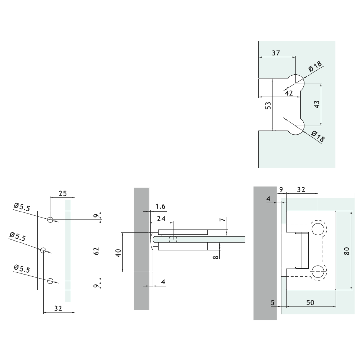 Verstelbare laterale scharnier wand/glas, voor 6/8 mm glas, B50 H80, chroom