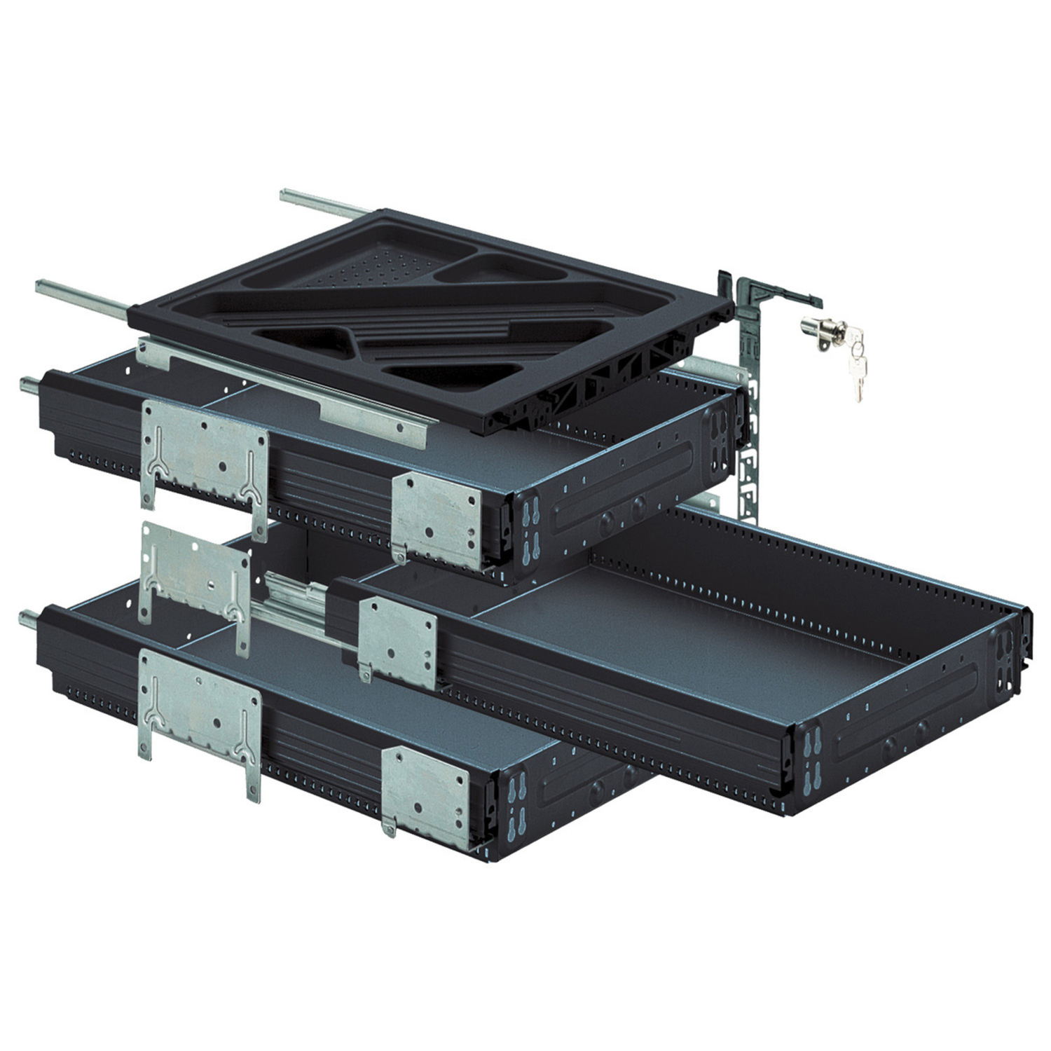 Containerset met volledig uittrekbare ladegeleiders, Inbouwdiepte (min.) 530 mm, zwart