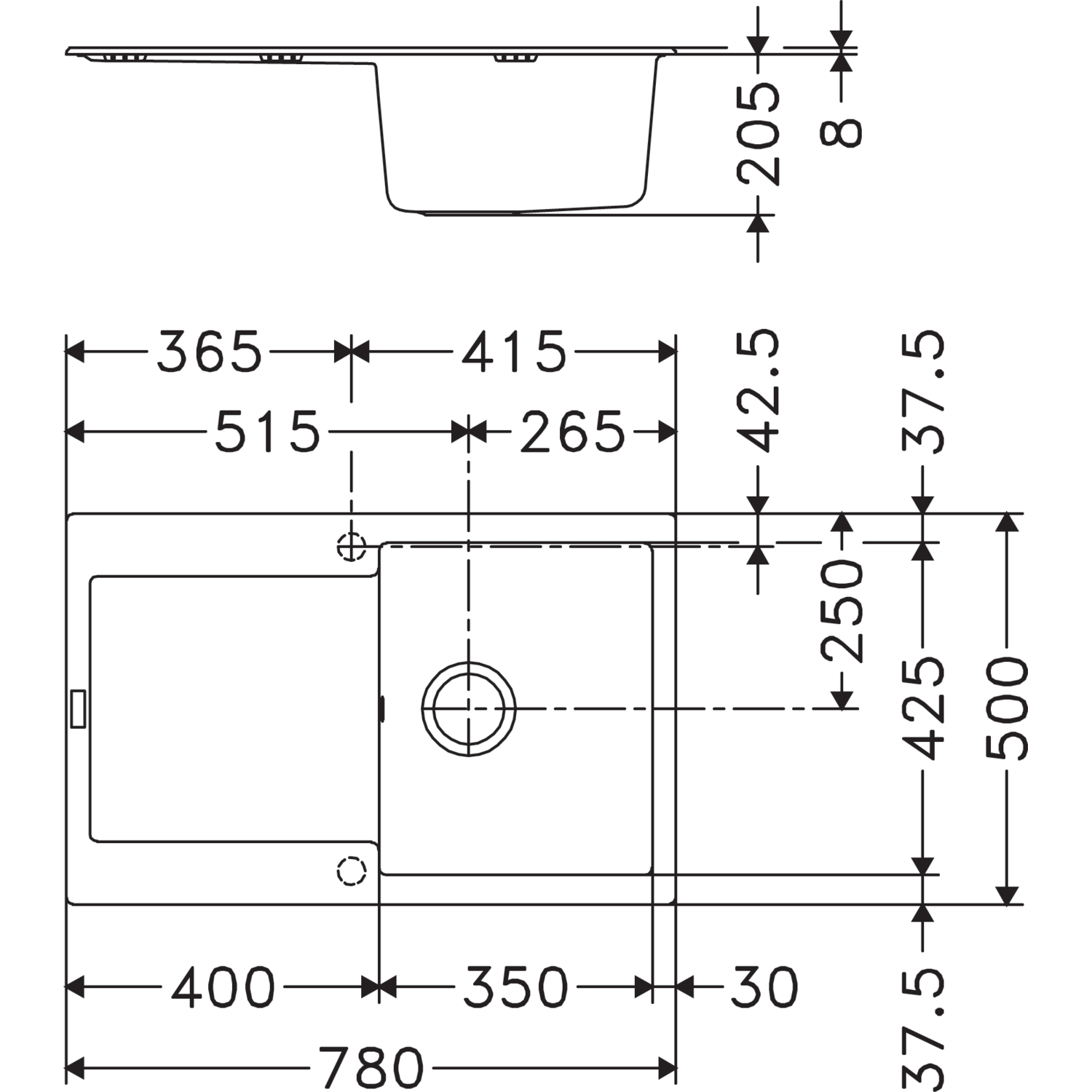 Maris - Inbouwspoeltafel / 780 x 500 mm / 1 bak / Steengrijs / Omkeerbaar