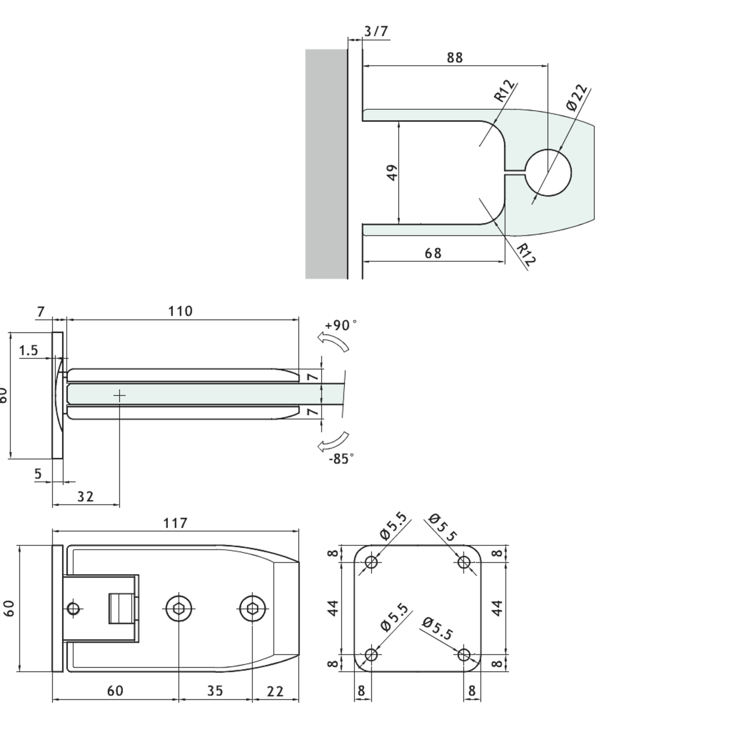 Verstelbare centrale scharnier wand/glas, voor 8/12 mm glas, B110 H60, chroom