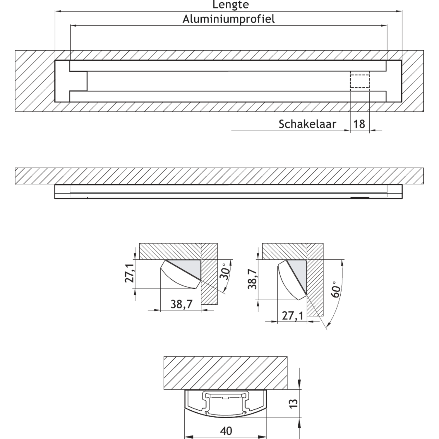 LD8003 a-SMD led opbouwprofiel 580mm 4000°k 8W 24V +schakelaar
