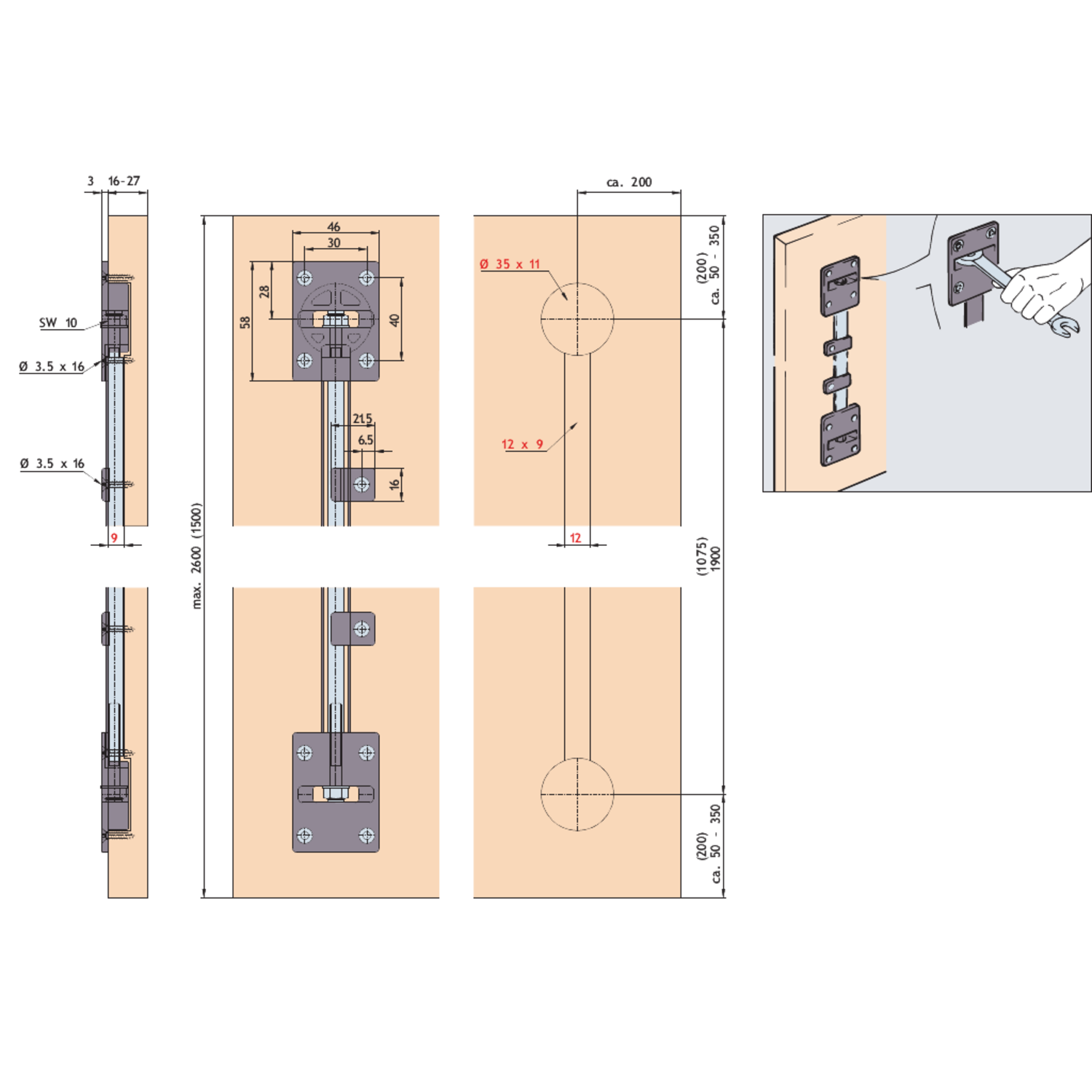 Set 2 deurrechttrekkers l.1863mm