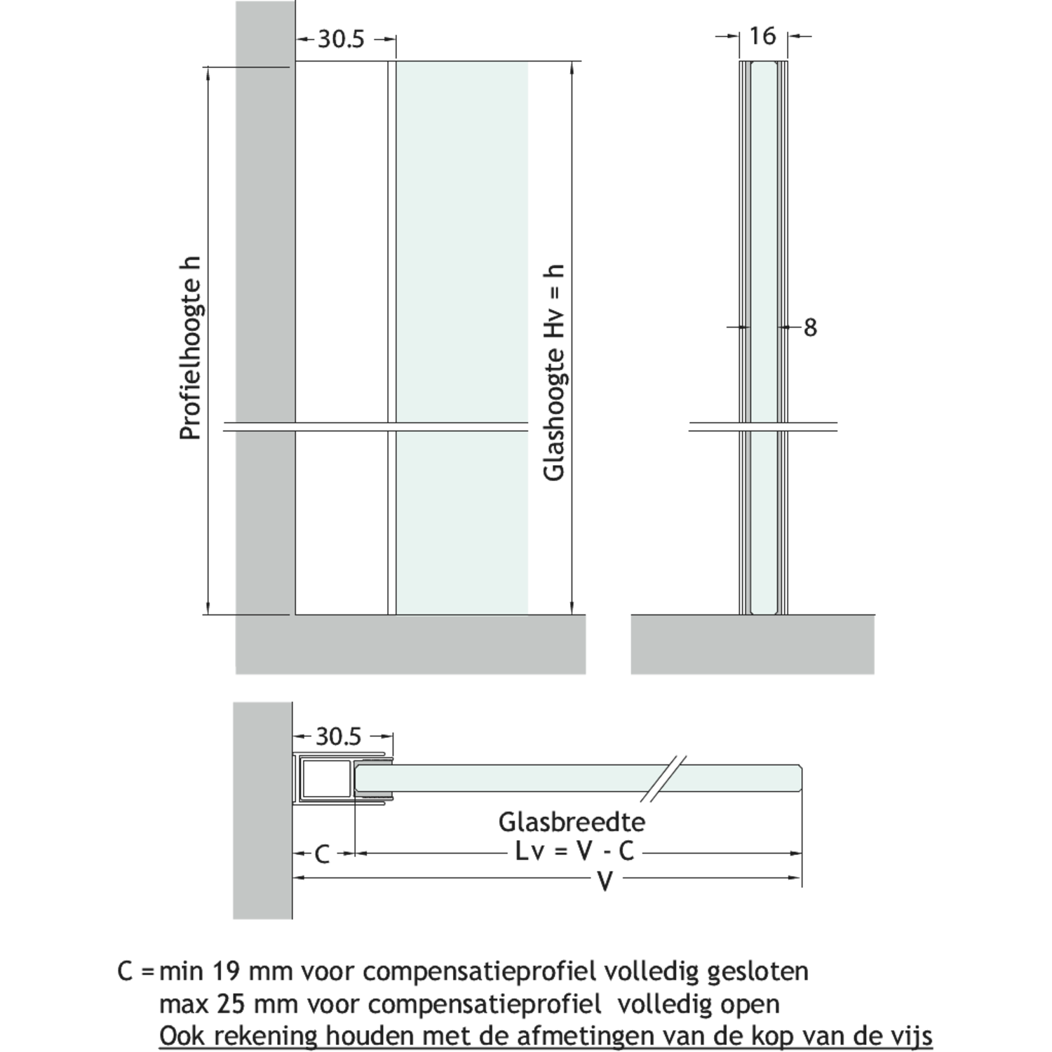 Overgangsprofiel, voor 8/10 mm glas, L2300, glanzend aluminium
