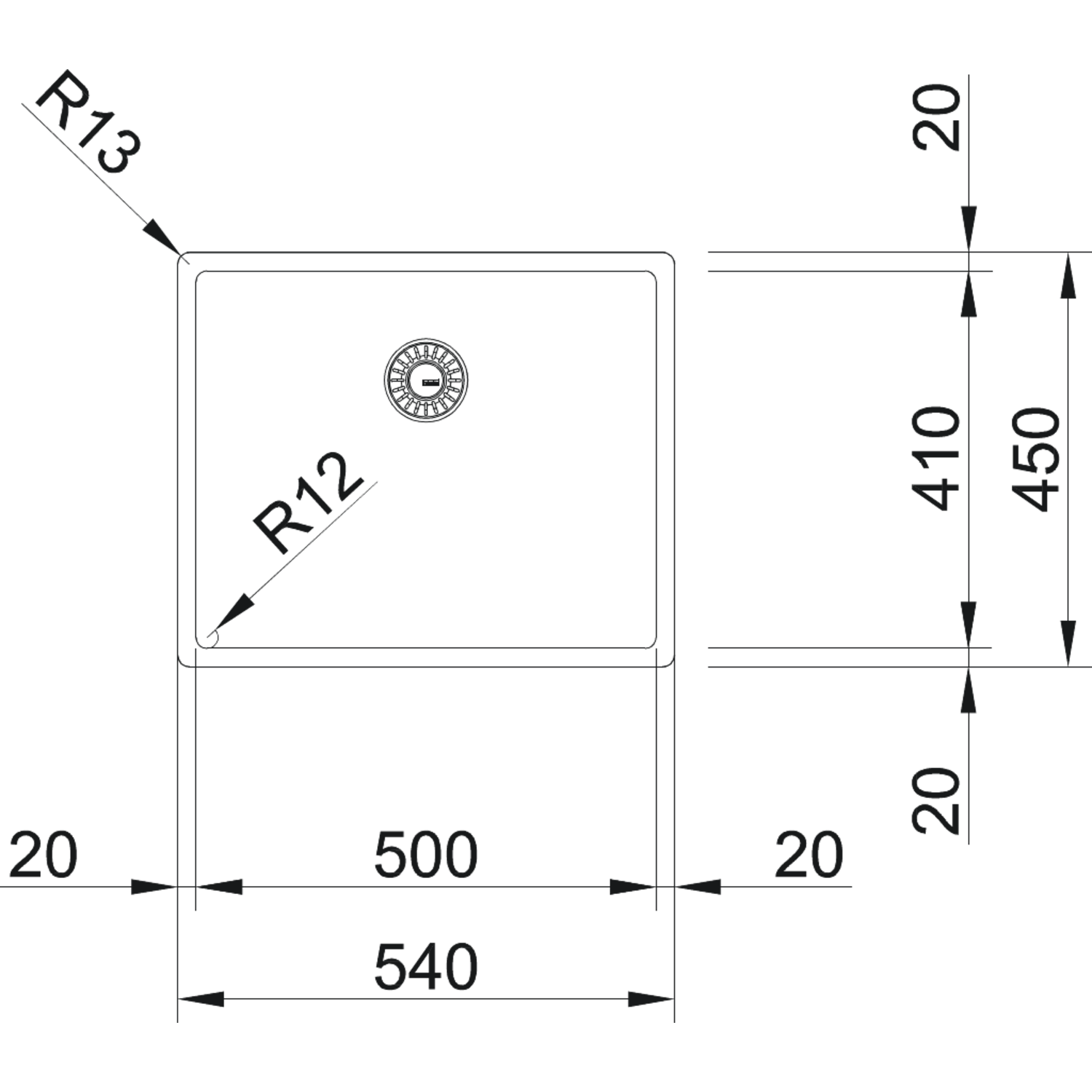 Box - Vlakbouw-, SlimTop- en onderbouwspoelbak / 540 x 450 mm / Glad