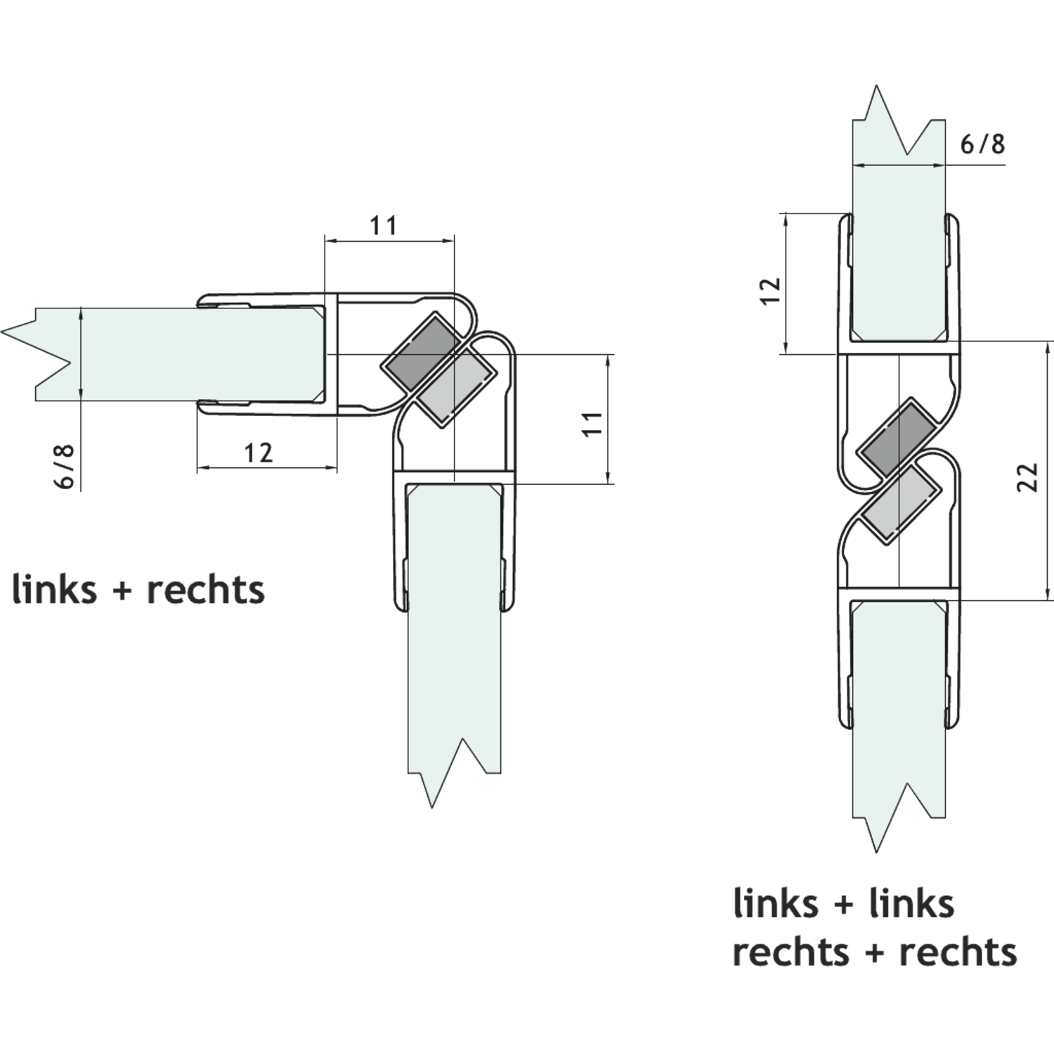Magnetische dichting rechts met hoek van 45° met witte magneet, voor 6/8 mm glas, L2200, transparant