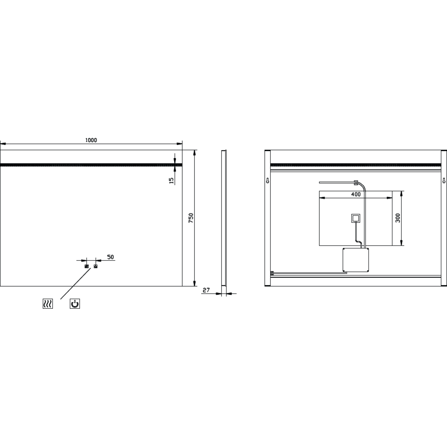 Spiegel 1000x750 led boven+kelvinch.+verwarming