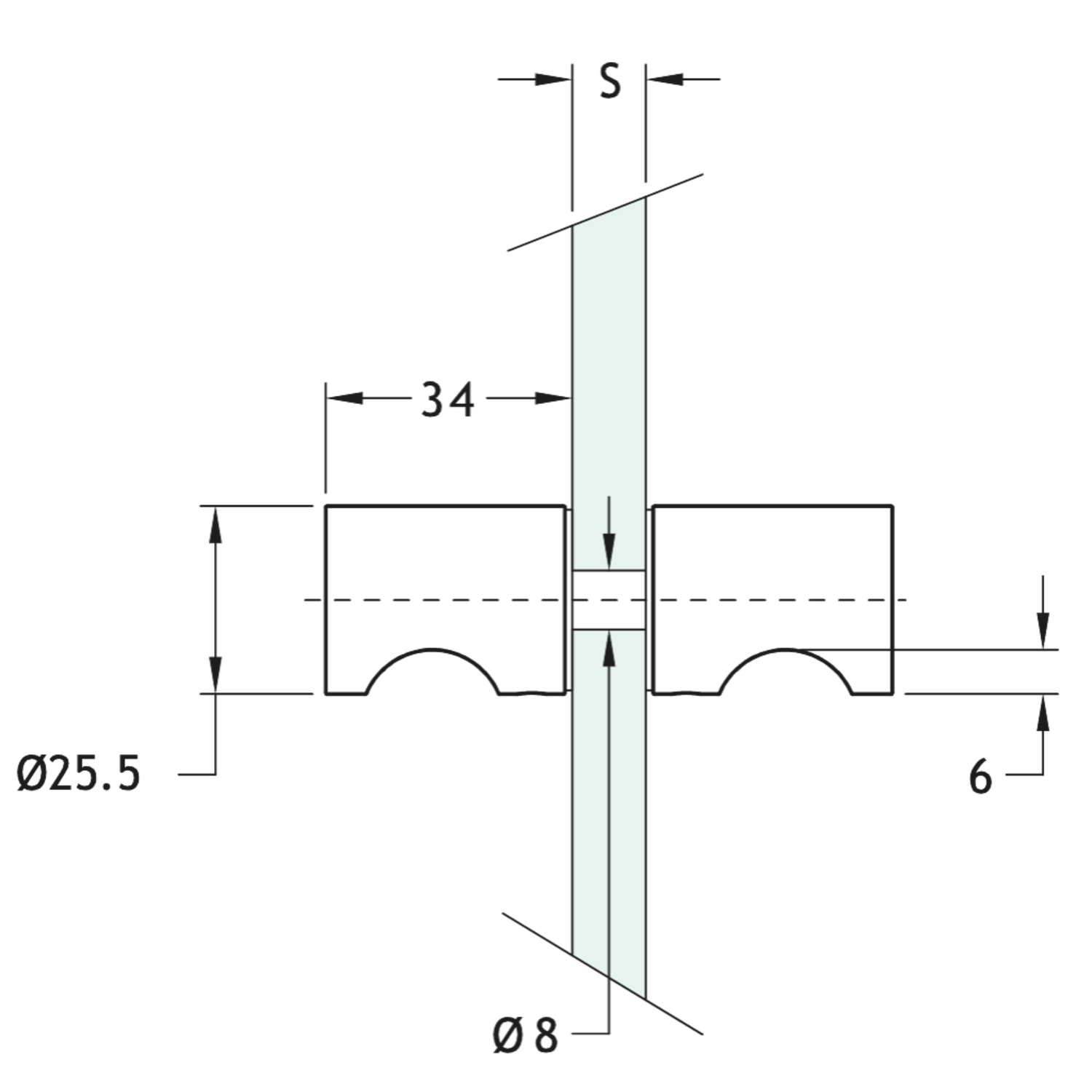 Paar knoppen met greep, voor 6/12 mm glas, B34 L25, chroom