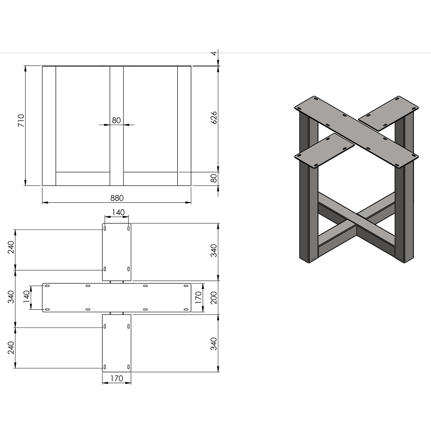 Tafelonderstel cross  8x8  mat zwart h72xb78xl78