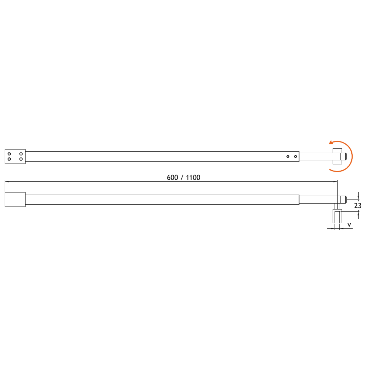 Uitschuifbare stabilisatiestang wand/glas, voor 6/8 mm glas, L608/1108, chroom