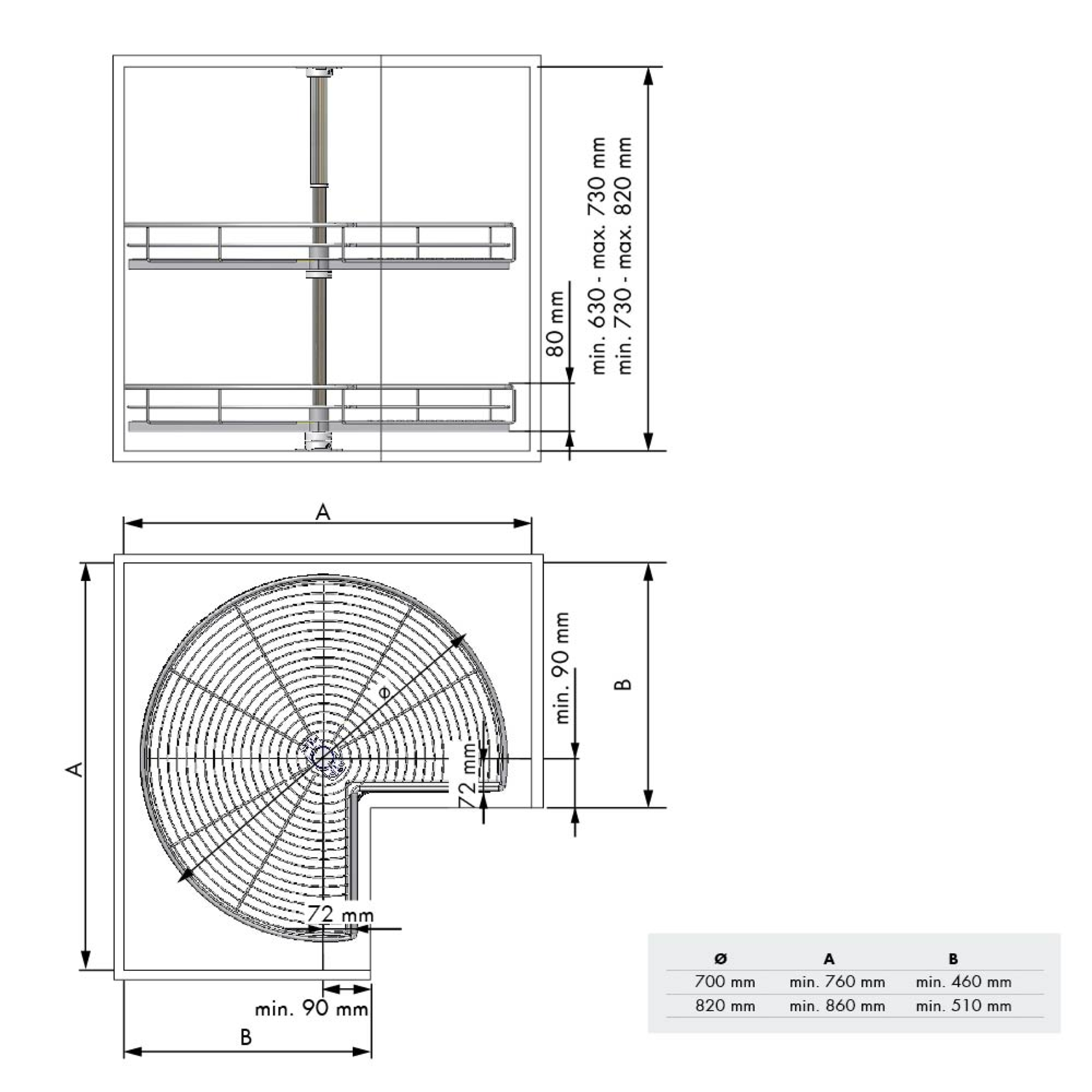 MC Line draaikorf 3/4 d.820mm 270ø chroomh:630-730 h:630-730mm
