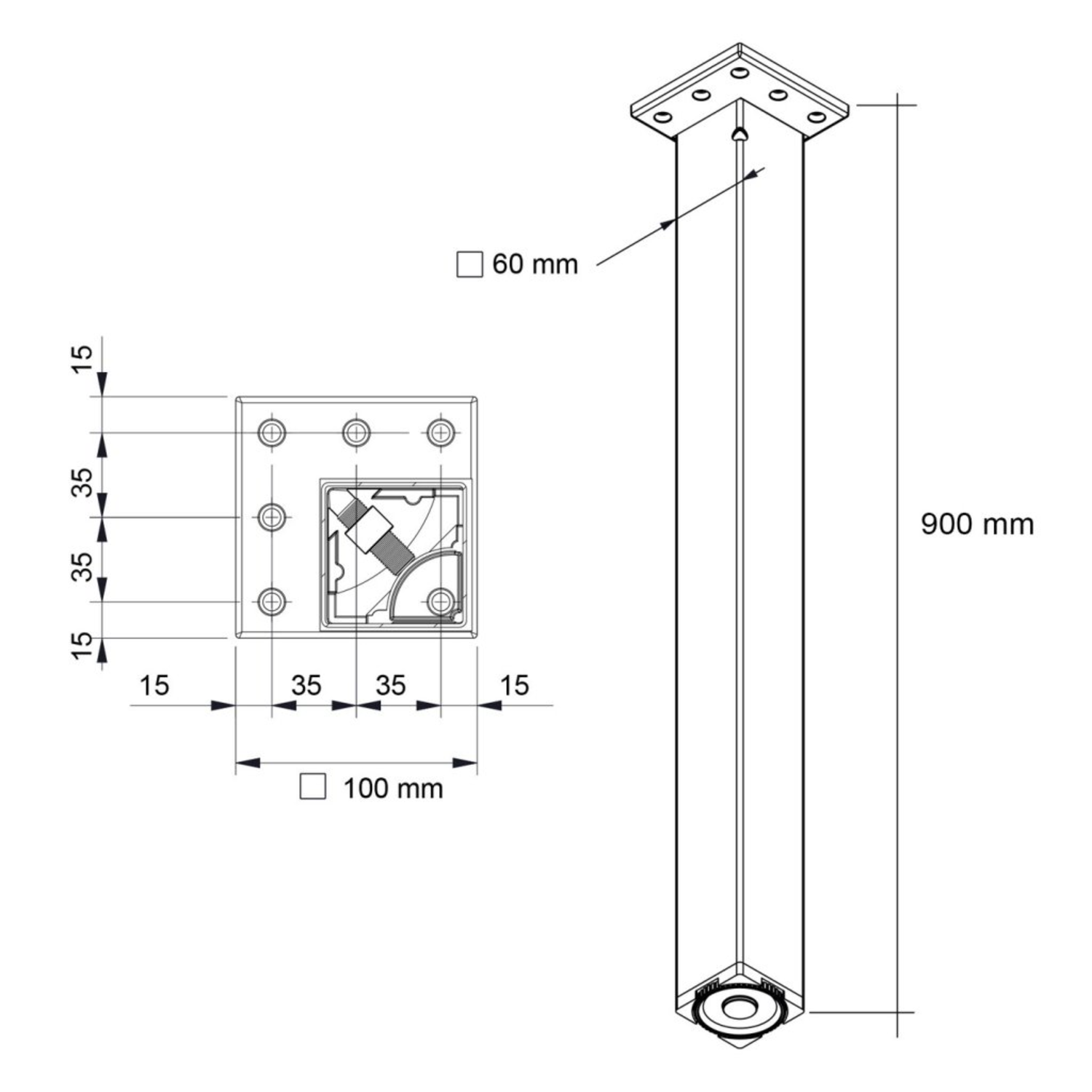 Tafelpoot q60 rvs look 60x60mm h90 regelbaar