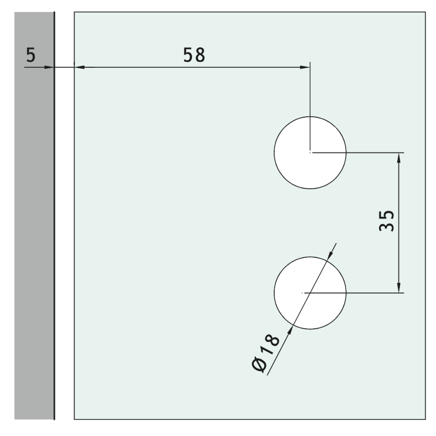 Vierkant scharnier wand/glas voor smalle deurposten, voor 8/12 mm glas, B85 H65, glanzend rvs