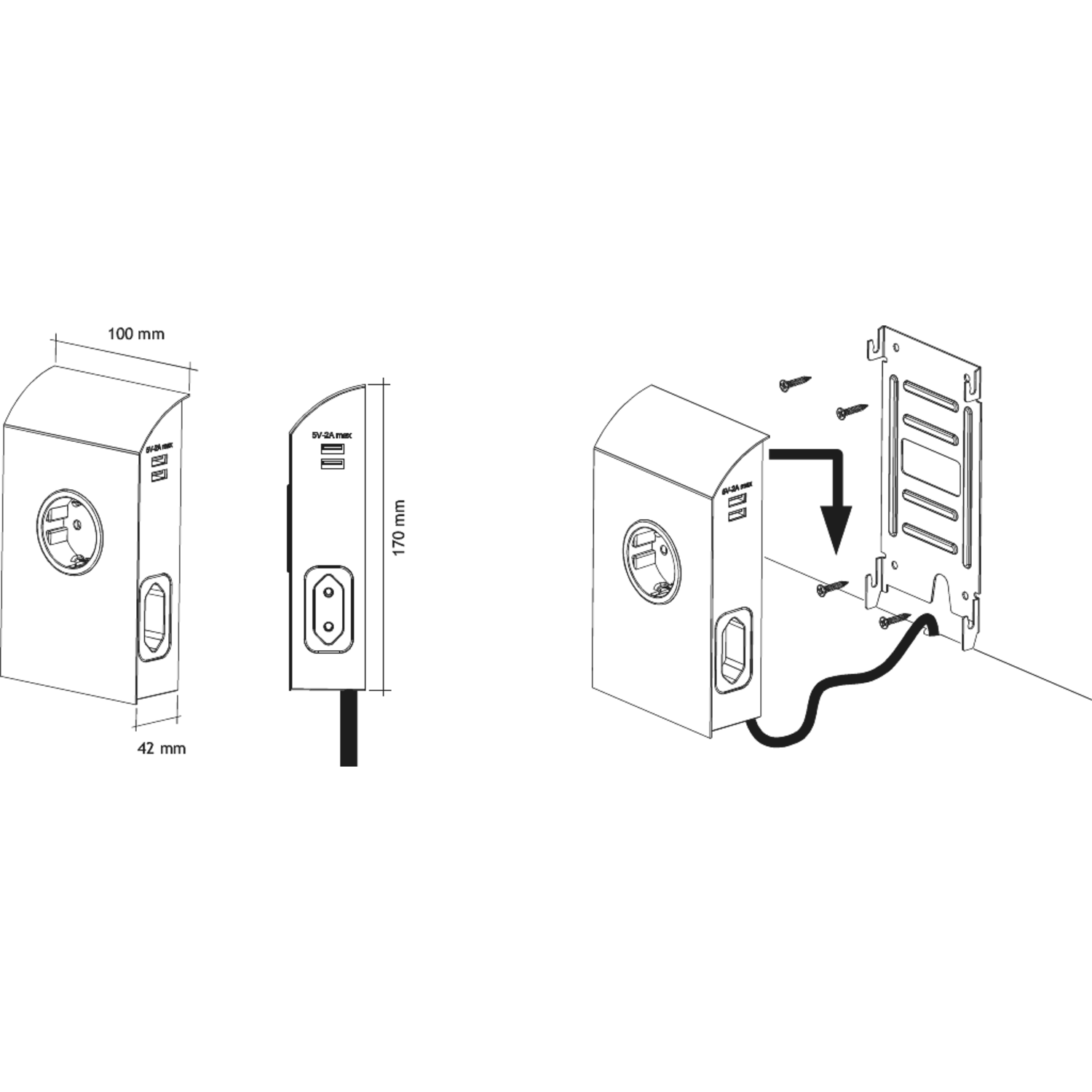 Born zwart mat b-f stekkerblok 1x16a-2x6a-2x usb a
