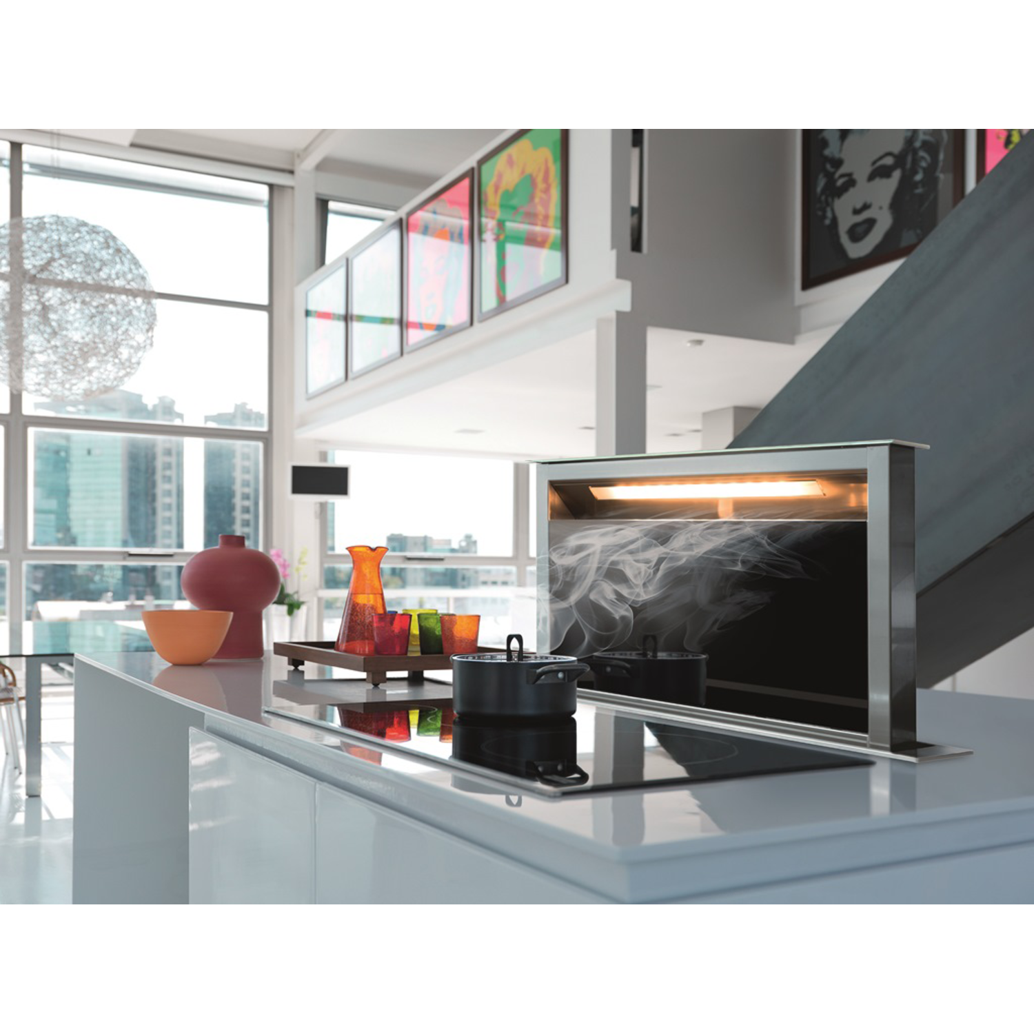 Downdraft - tabletdampkap / 900  mm/ RVS-Zwart glas