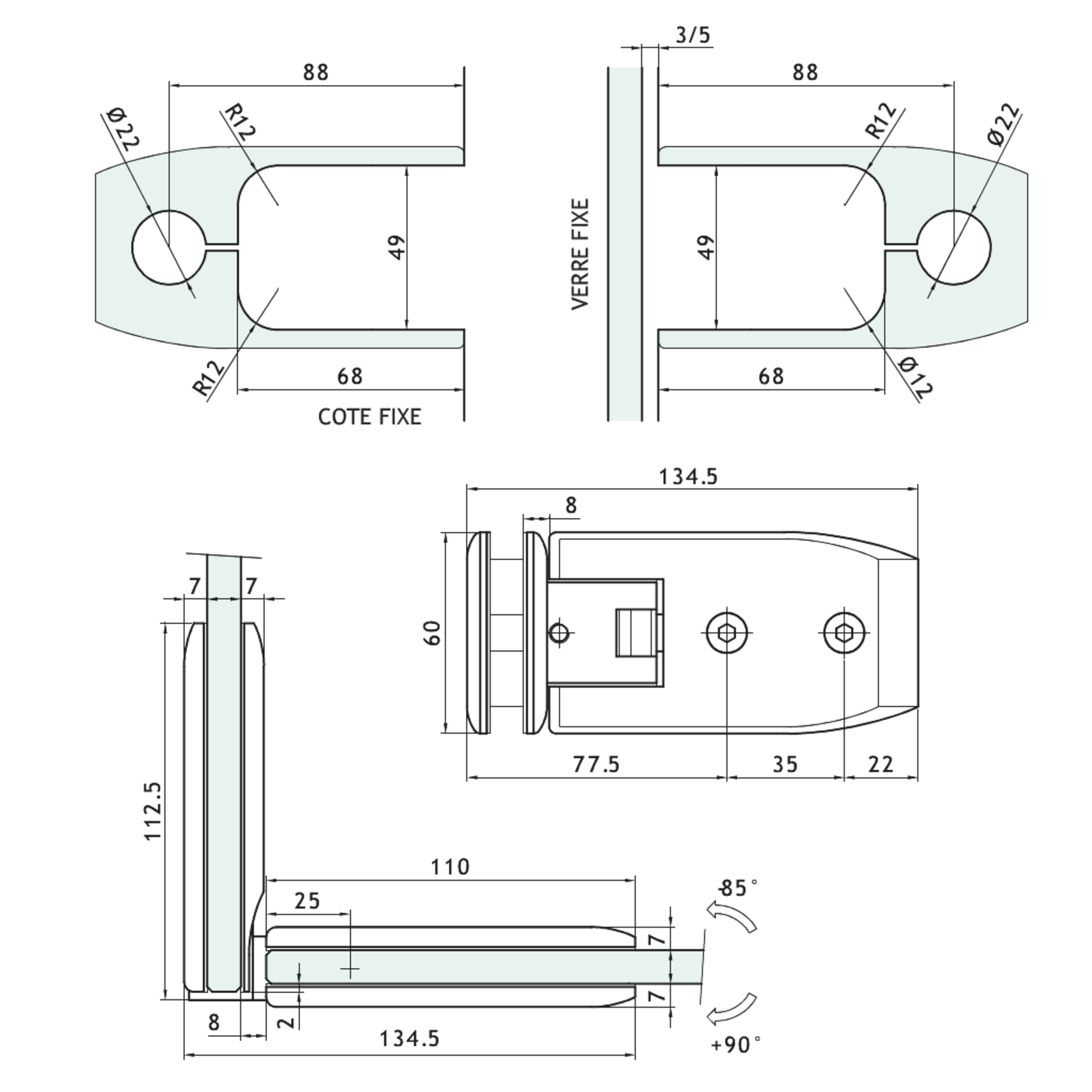 Scharnier serie 600 regelbaar 90° voor glas 8/12mm chroom