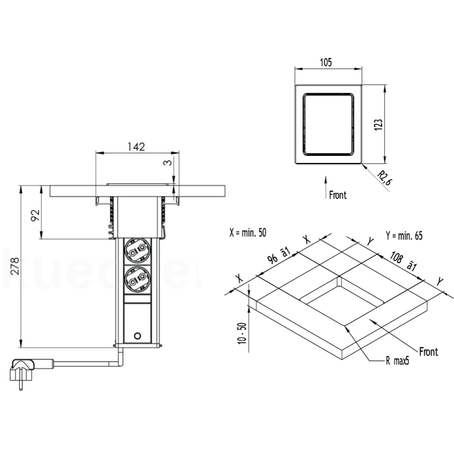 Evoline port push cuisine zwart glas nl-d-l3 stopc 3 stopcontacten