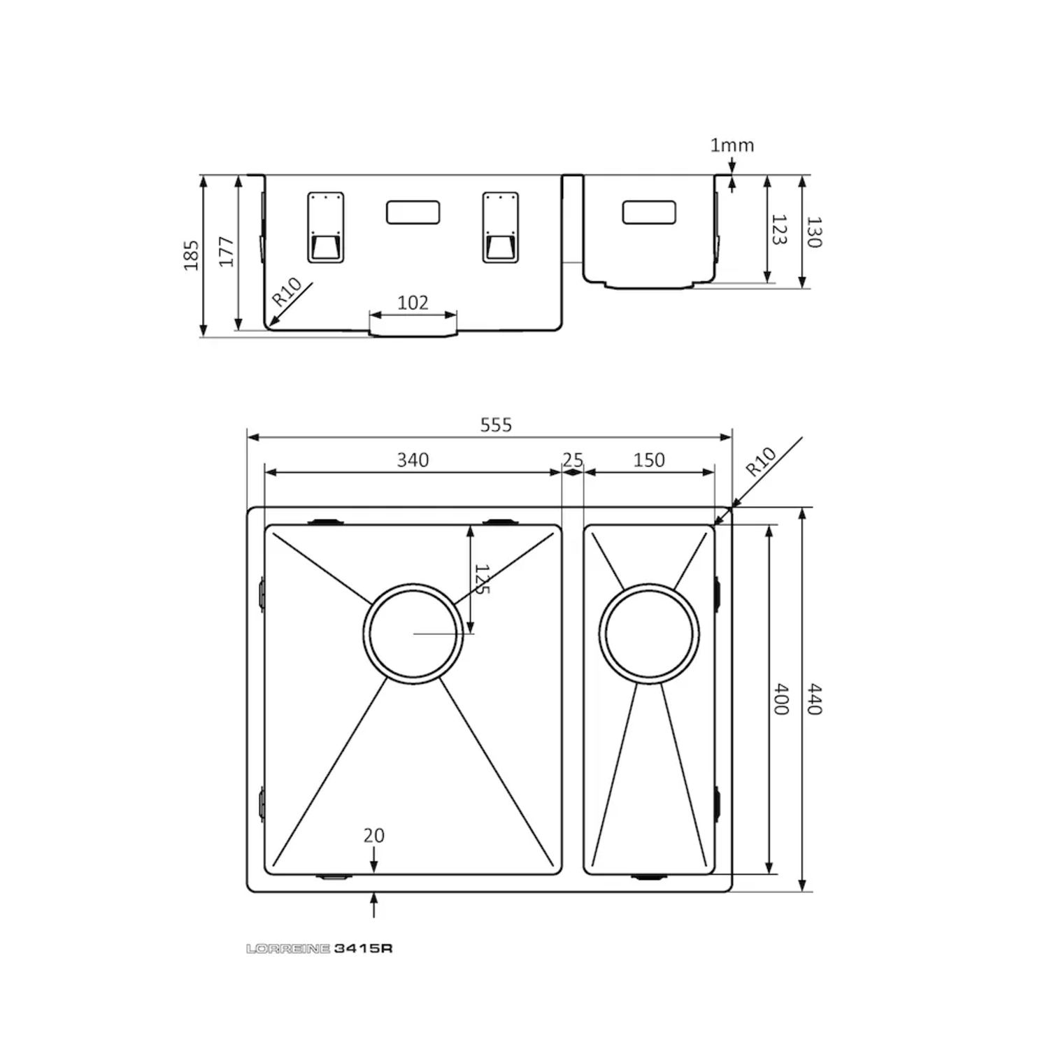LR spoelbak 3415R RVS 555X440