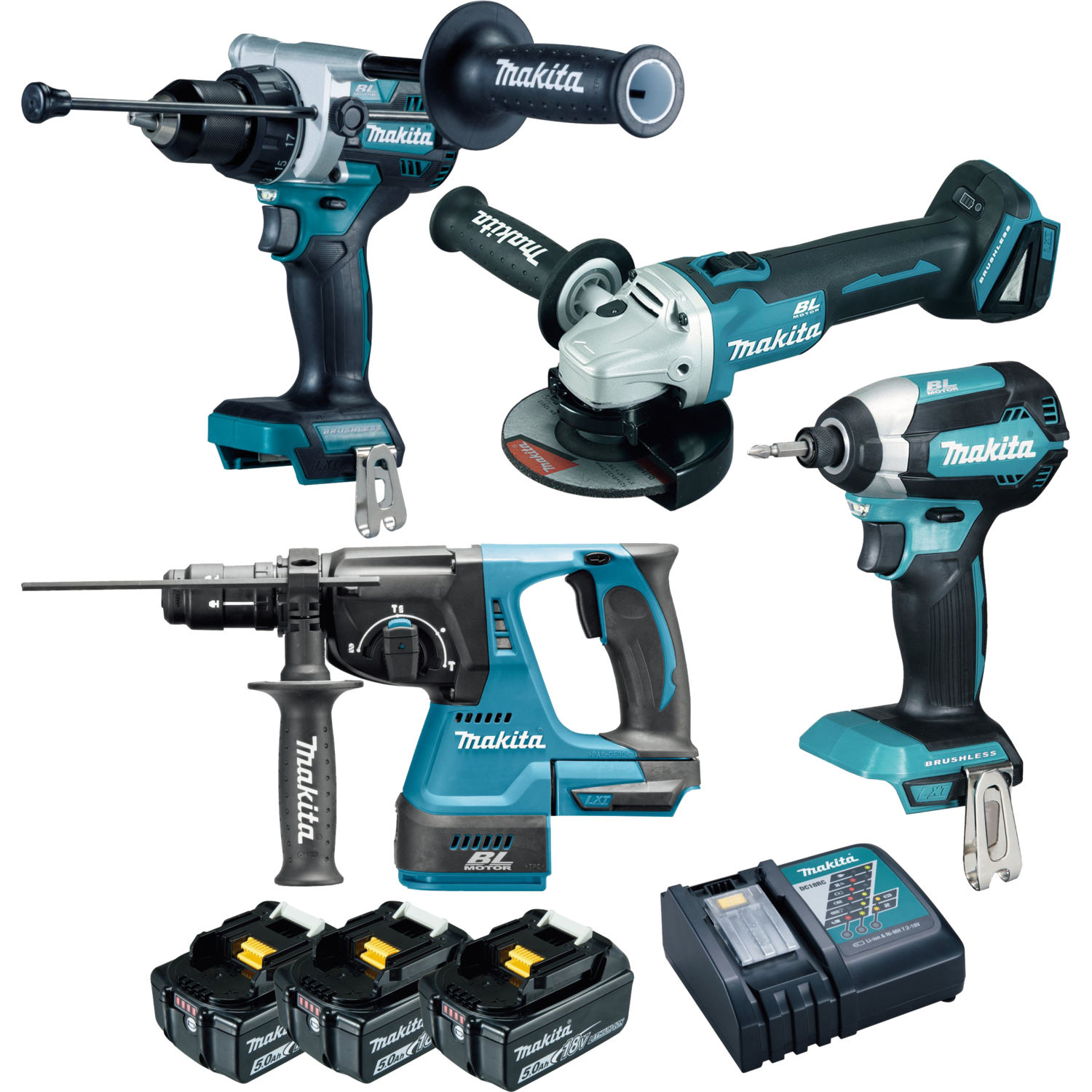 Makita combopack lxt 18v 4 machines dhp486+dga506+dhr243+dtd153+3xbl1850b+1dc18rc
