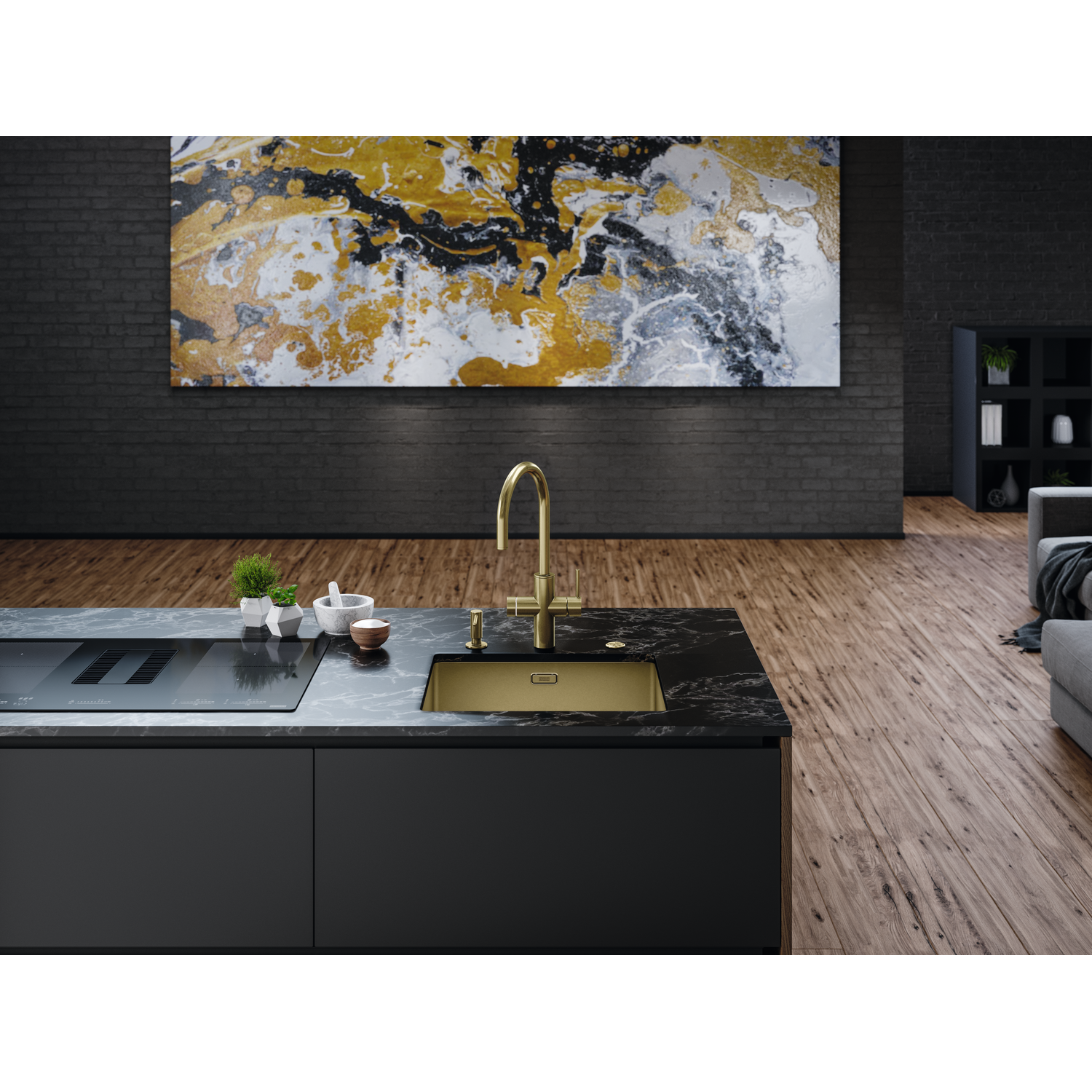 Mythos Water Hub 6 in 1 - Zwenkbare kraan / Zijhendel / Goud