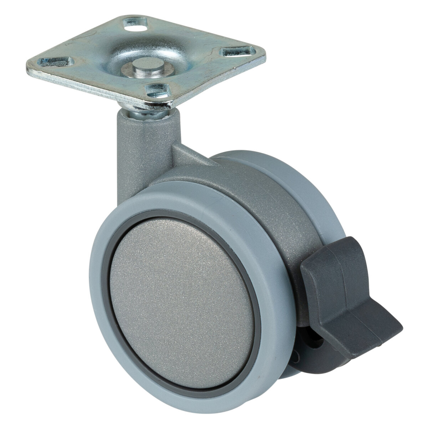 Dubbel wiel kunststof d.60mm +rem z.grys 30kg met plaat