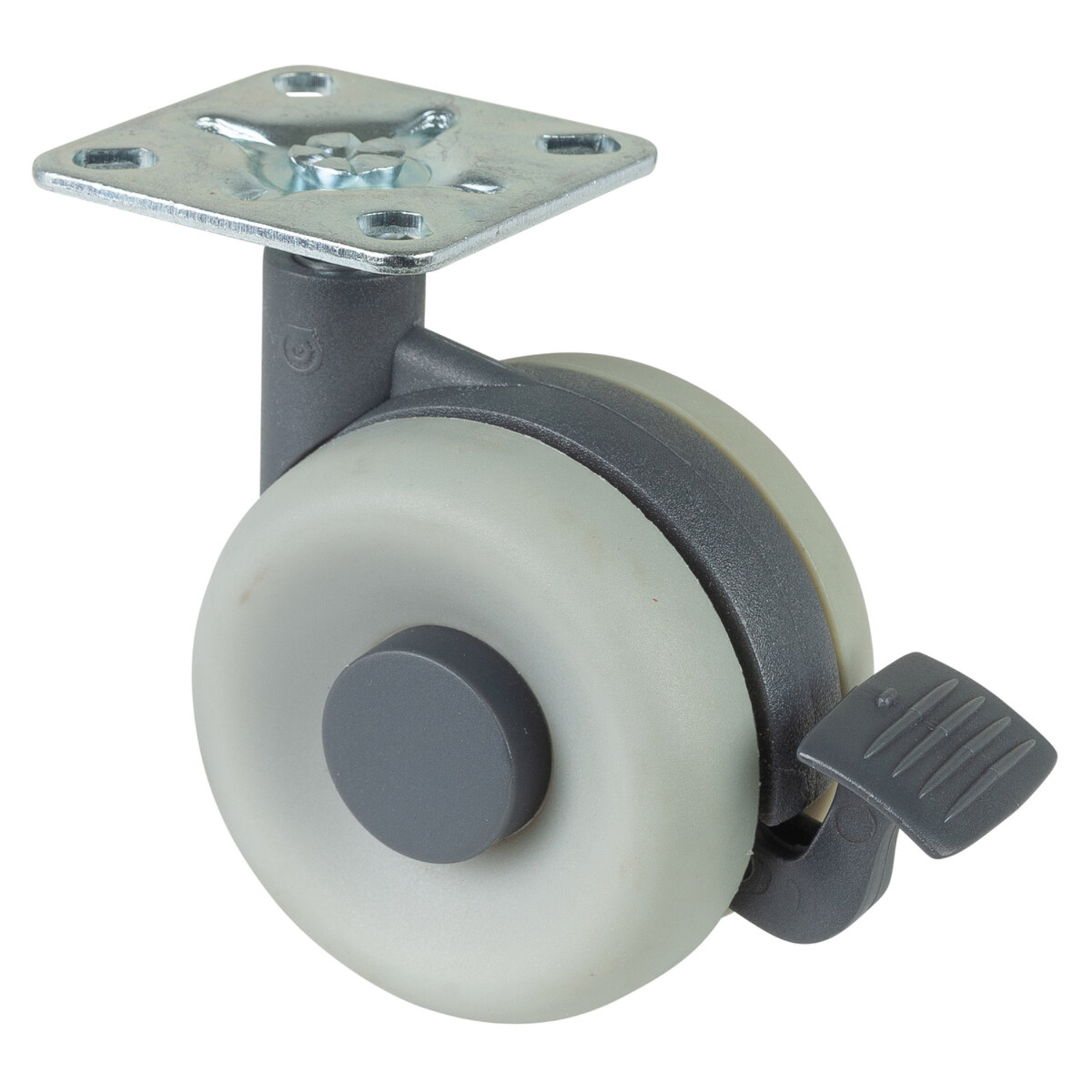 Dubbel wiel kunststof d.60mm +rem z.grys 40kg met plaat