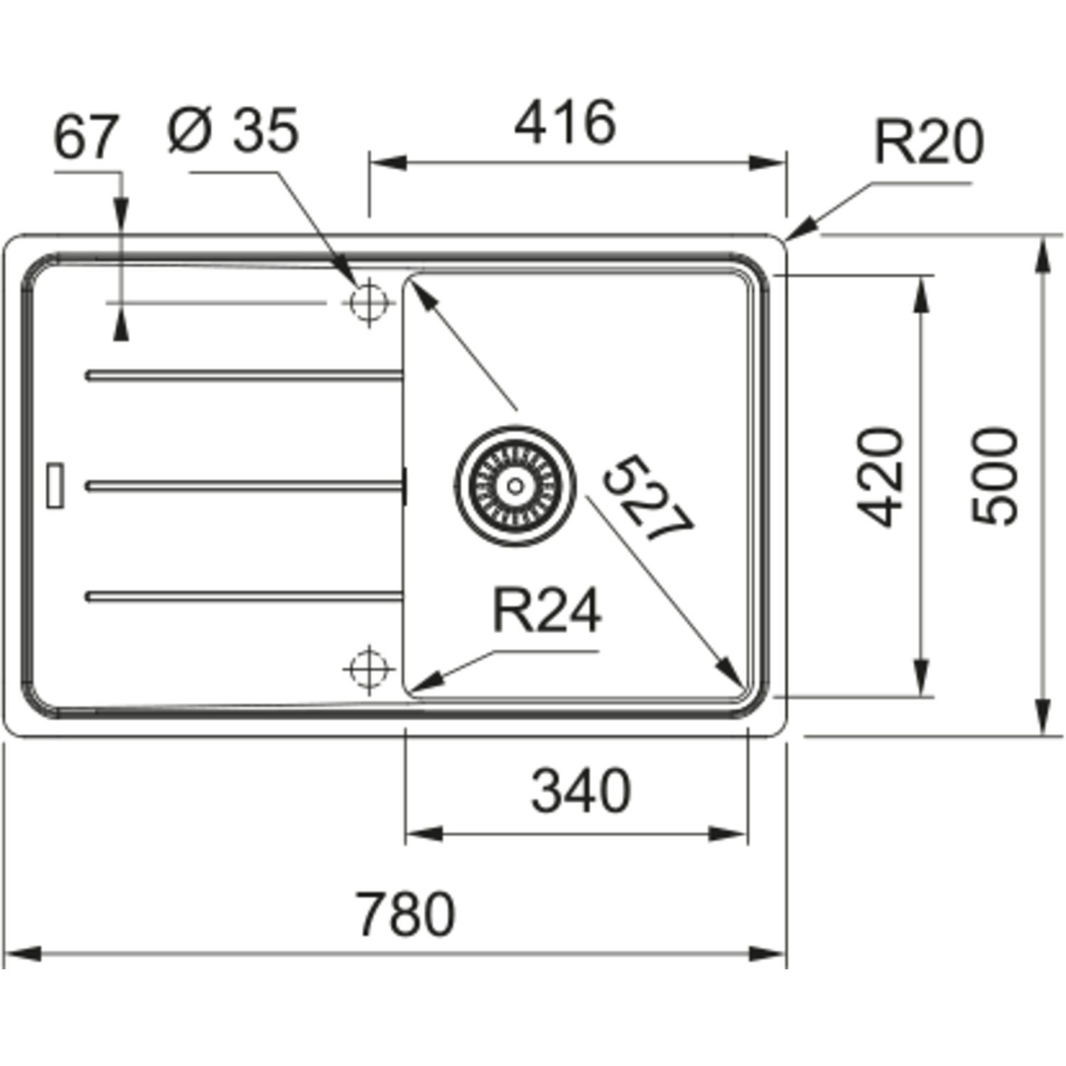 Basis - Inbouwspoeltafel / 780 x 500 mm / 1 bak / Zwart Mat / Omkeerbaar
