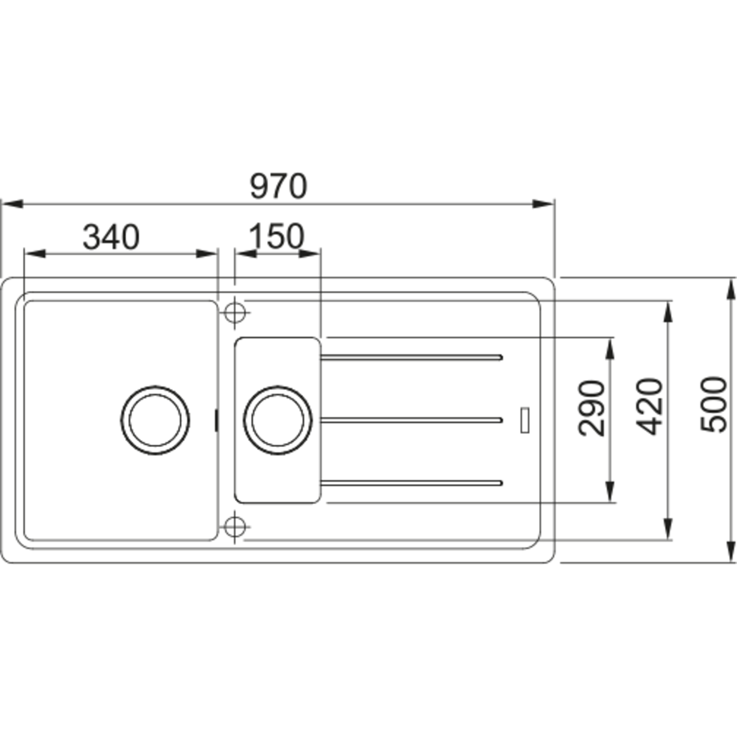 Basis - Inbouwspoeltafel / 970 x 500 mm / 1+1/2 bak / Zwart Mat / Omkeerbaar