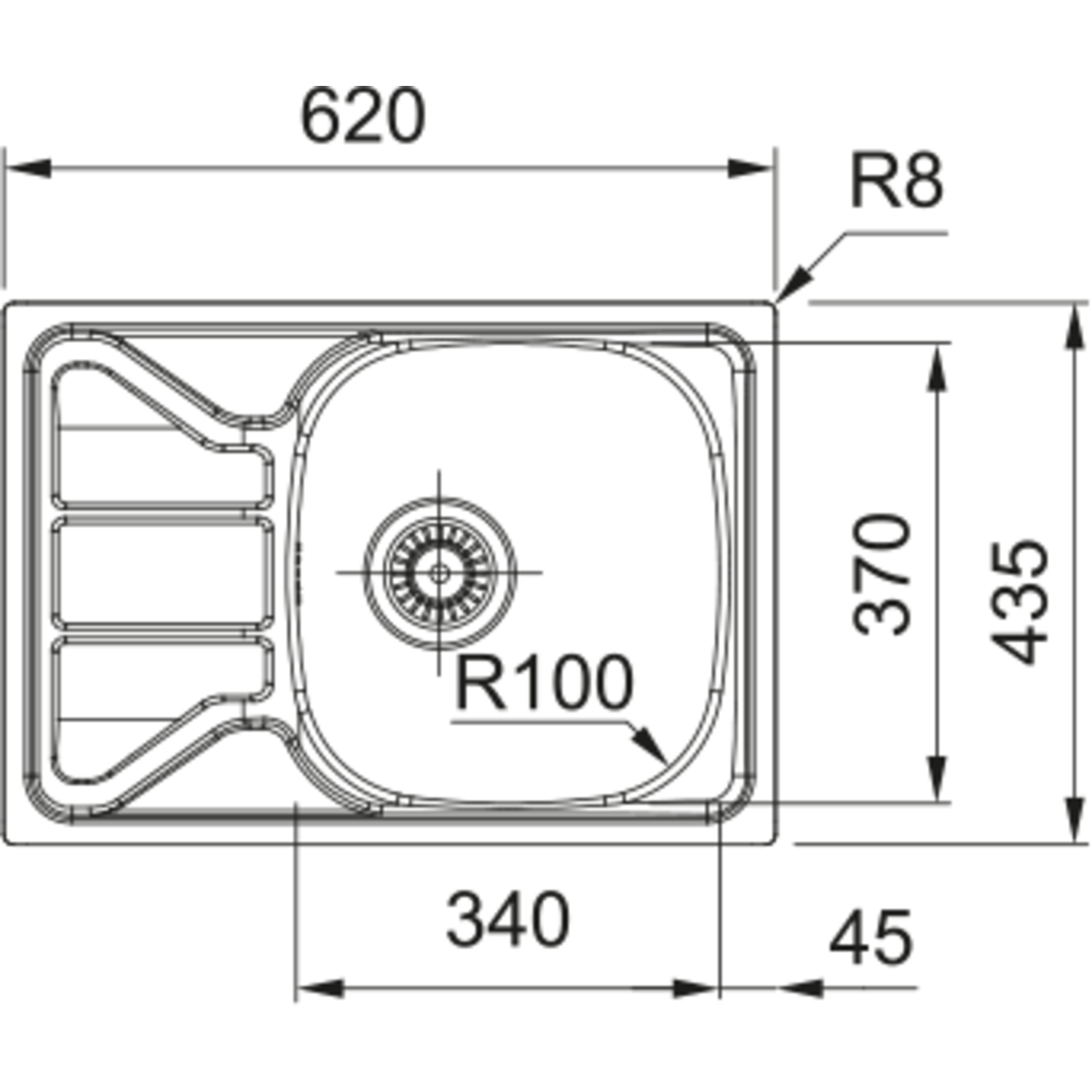 Flash - inbouwspoeltafel/ 620x435mm/ 1 bak/ omkeerbaar
