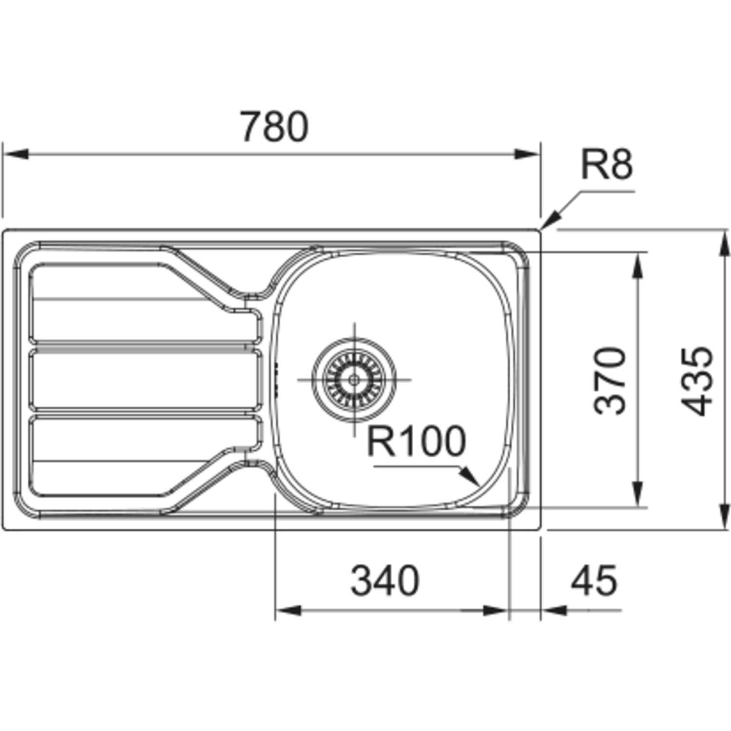 Flash - inbouwspoeltafel/ 780x435mm/ 1 bak/ omkeerbaar