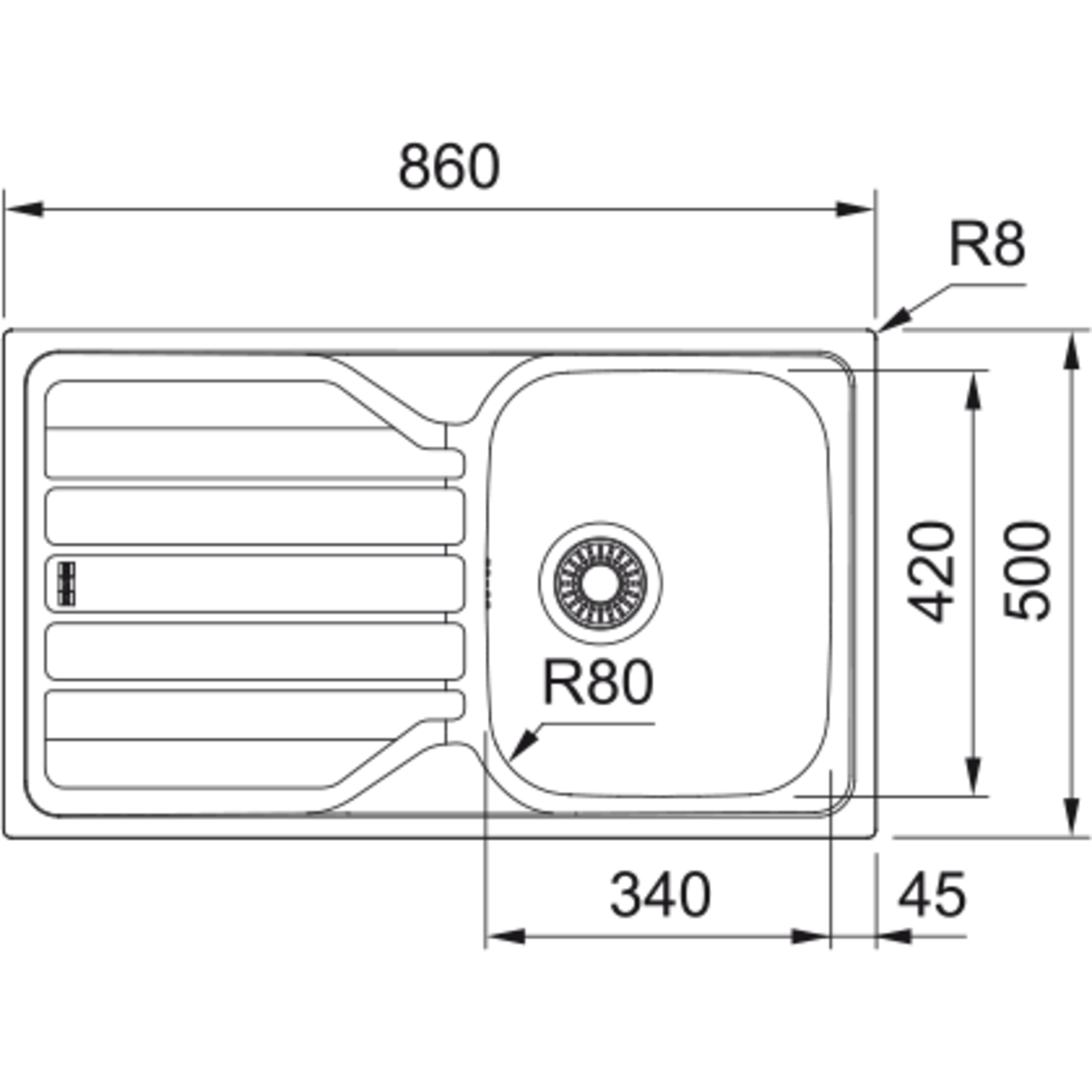 Flash - Inbouwspoeltafel / 860 x 500 mm / 1 bak / Glad / Omkeerbaar