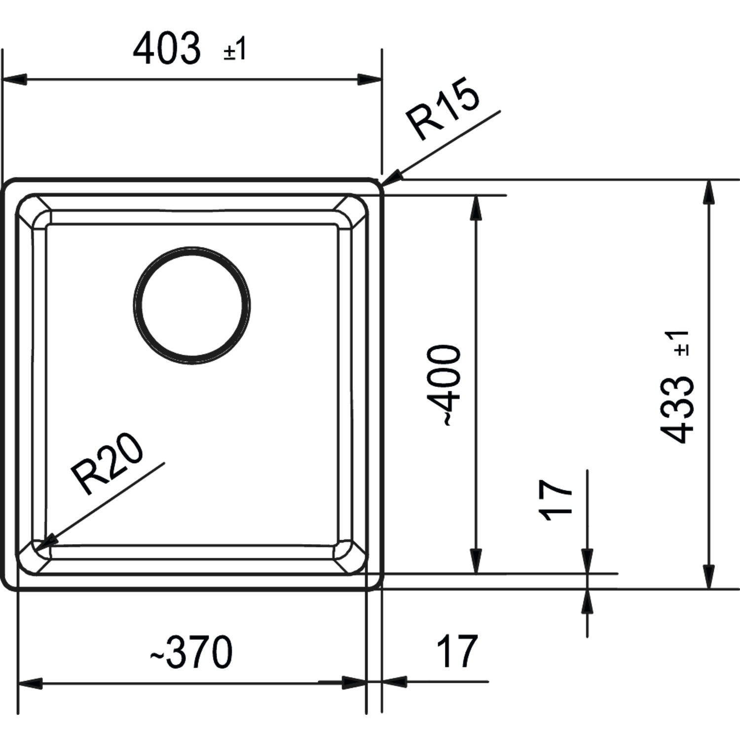 Maris - Onderbouwspoeltafel / 403 x 433 mm / 1 bak / Zwart Mat