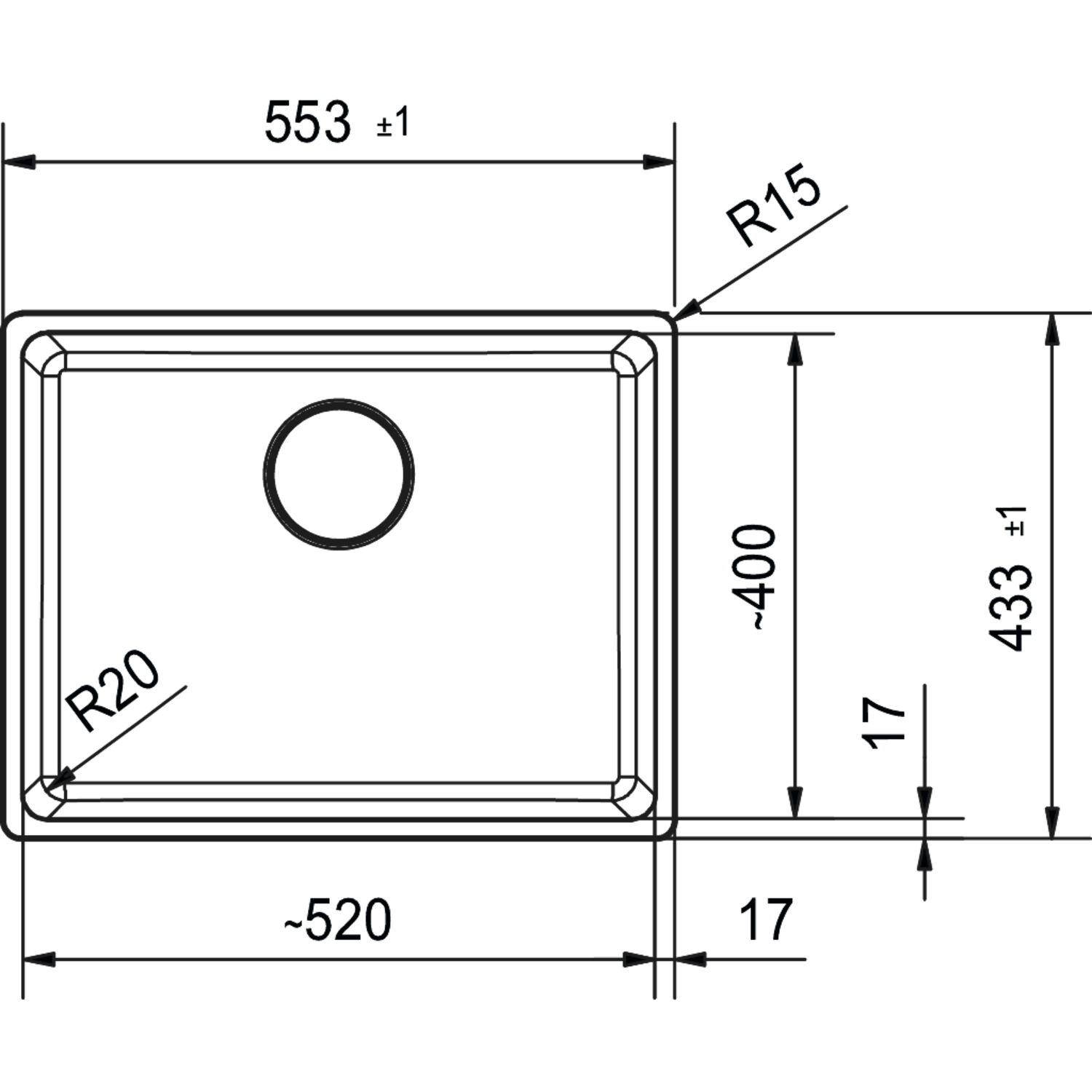 Maris - Onderbouwspoeltafel / 553 x 433 mm / 1 bak / Zwart Mat