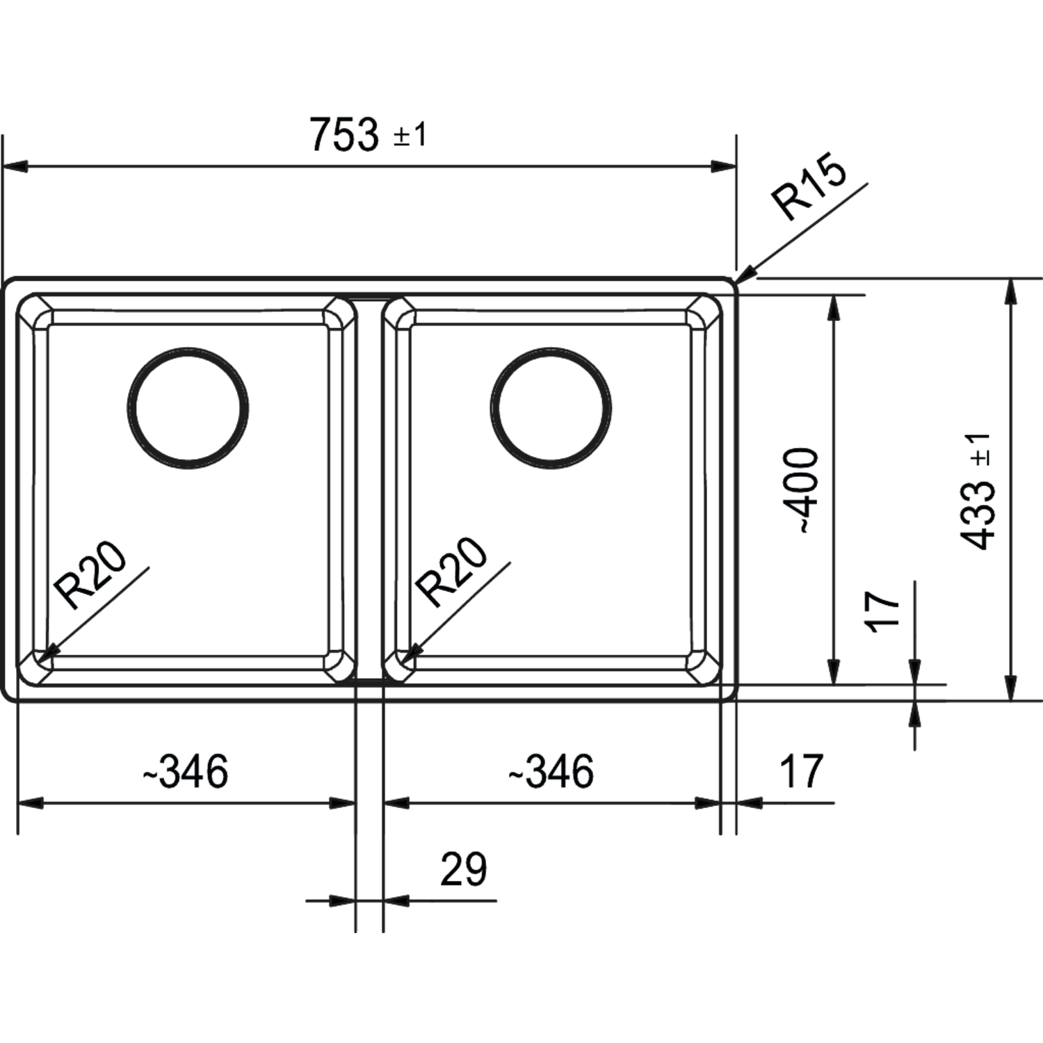 Maris - Onderbouwspoeltafel / 753 x 433 mm / 2 bakken / Zwart Mat