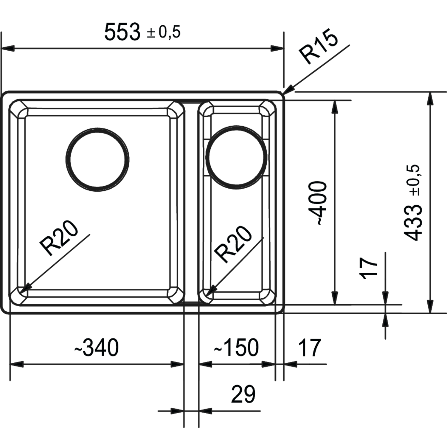 Maris - Vlakbouwspoeltafel / 553 x 433 mm / 2 bakken / Grote bak links / Zwart Mat