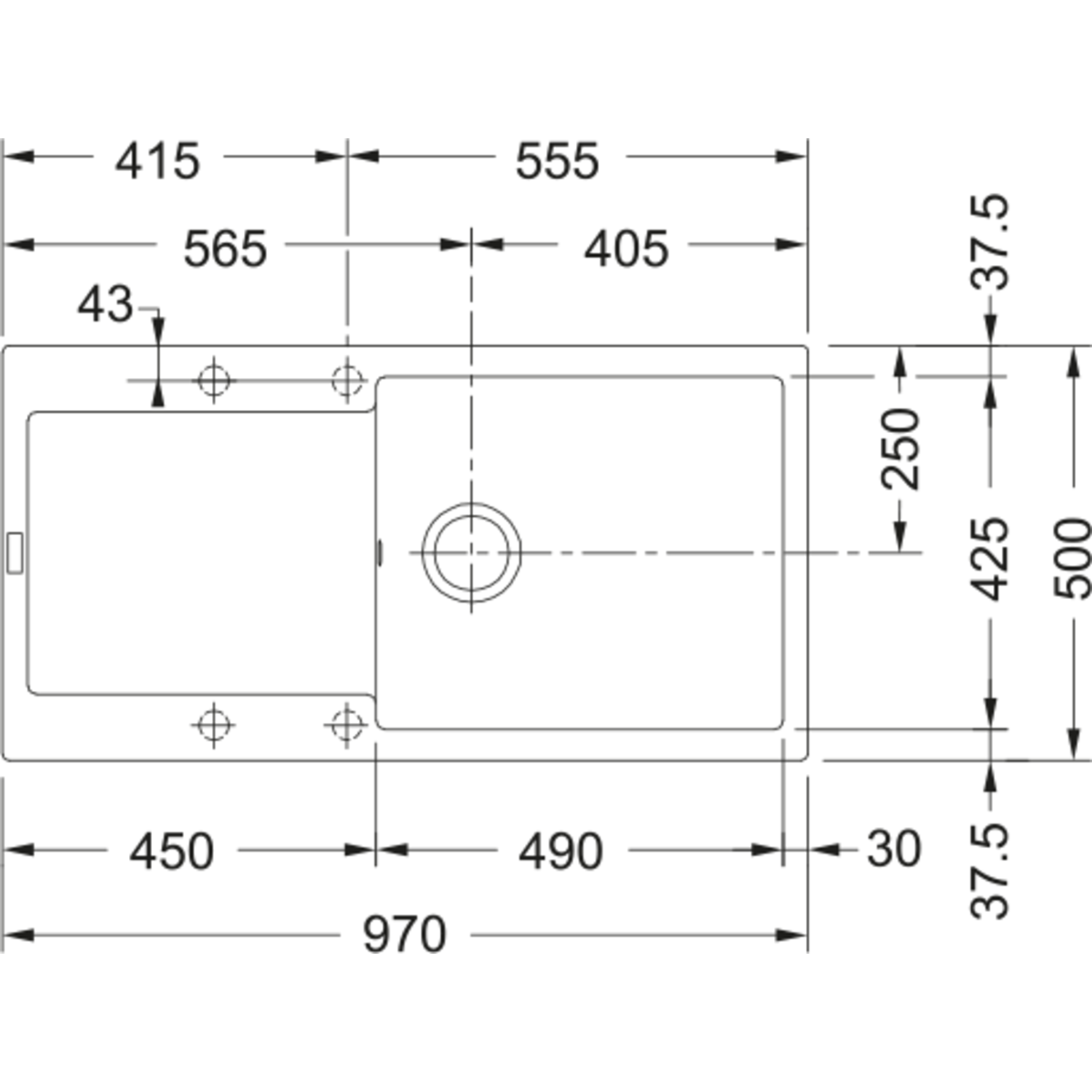 Maris - Inbouwspoeltafel / 970 x 500 mm / 1 bak / Zwart mat / Omkeerbaar